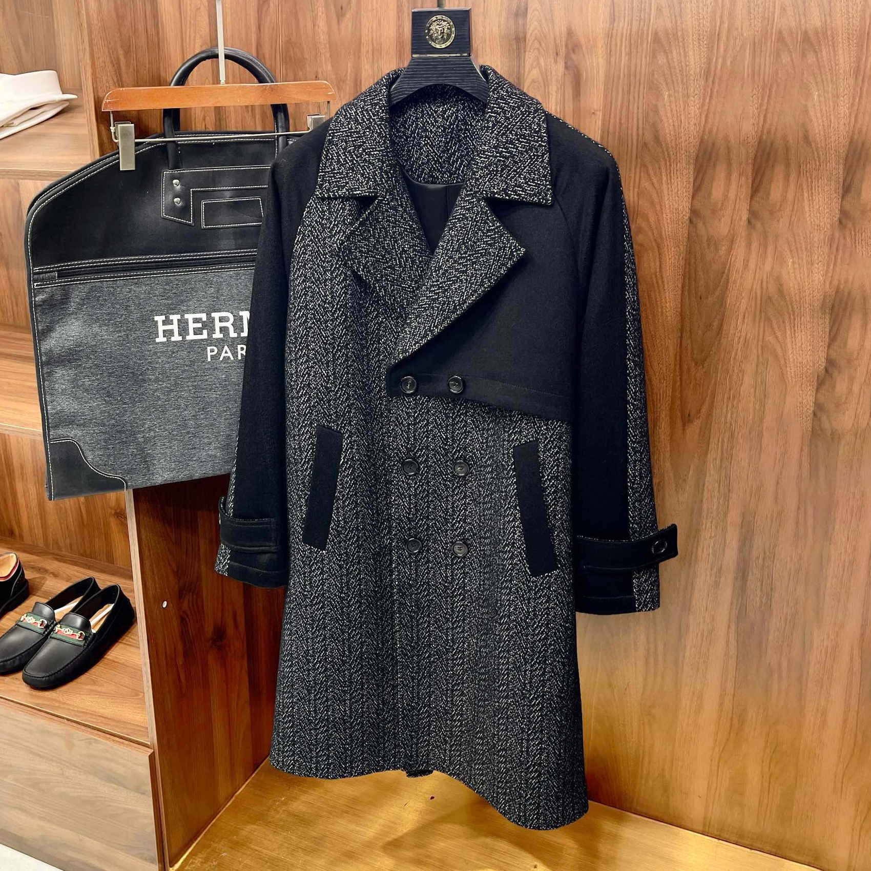 NIGO Hermes Men's Fall And Winter Jacquard Herringbone Double Breasted Design Belt Models Splicing Process Long Cashmere Coat Jacket #nigo75174