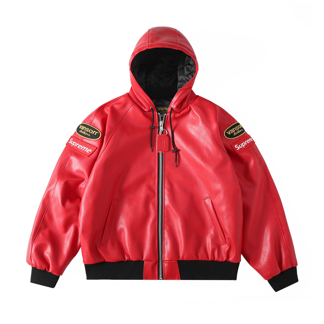 NIGO Supreme x Vanson Leathers Men's and Women's Spring and Fall Sleeve Logo Embroidered Patch Zipper Closure Hooded Leather Jacket #nigo75186
