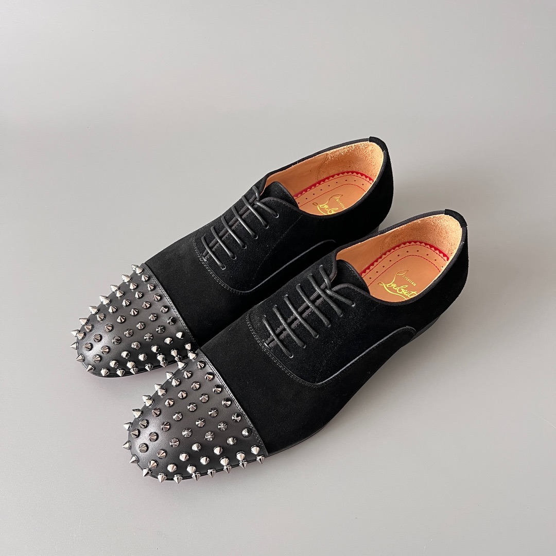 NIGO Christian Louboutin Men's Fashion Casual Lace-up Leather Shoes Rivets Metal Decoration Cowhide Pointed Toe Shallow Mouth Men's Shoes Ngvp #nigo9869