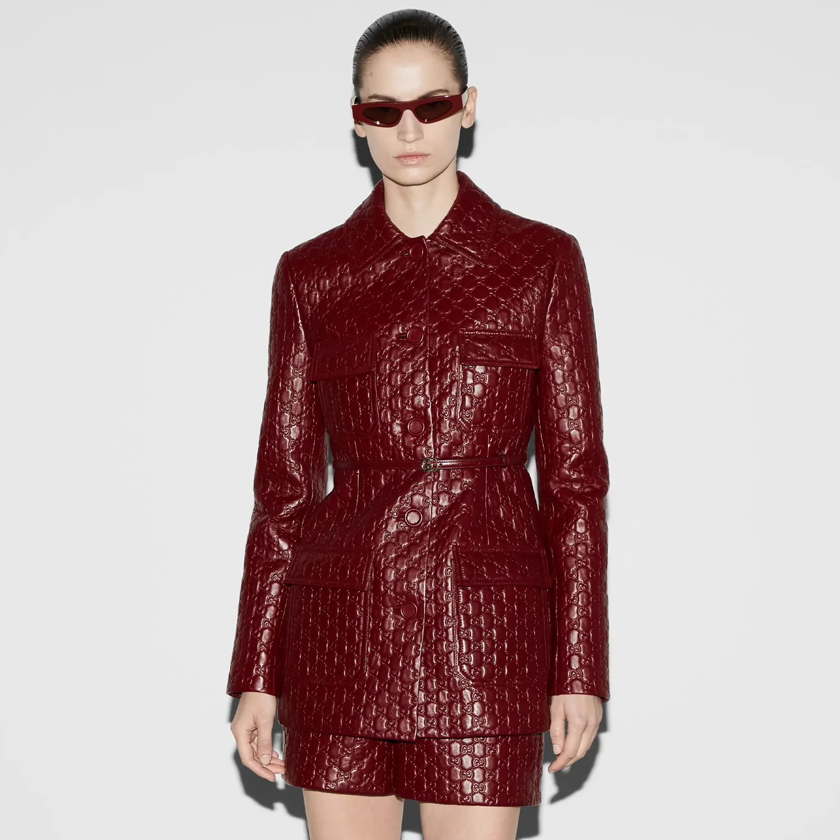 NIGO Gucci Women's Autumn and Winter Solid Color Lapel Embossed Printed Leather Mid-Length Belted Long Sleeve Jacket Coat #nigo75168