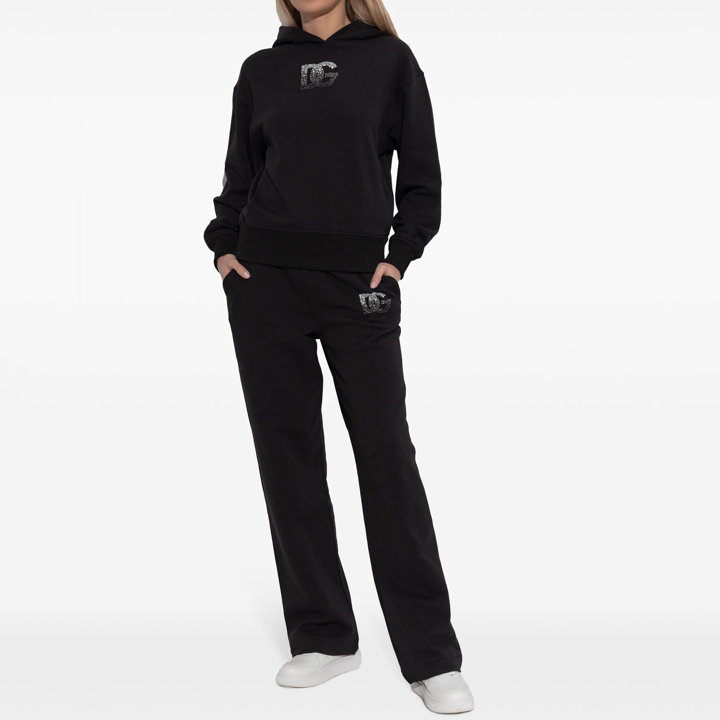 NIGO Dolce&Gabbana Women's Summer Drilling Logo Print Hooded Long Sleeve Sweatshirt Stretchy Drawstring Casual Pants Set Suit #nigo75159