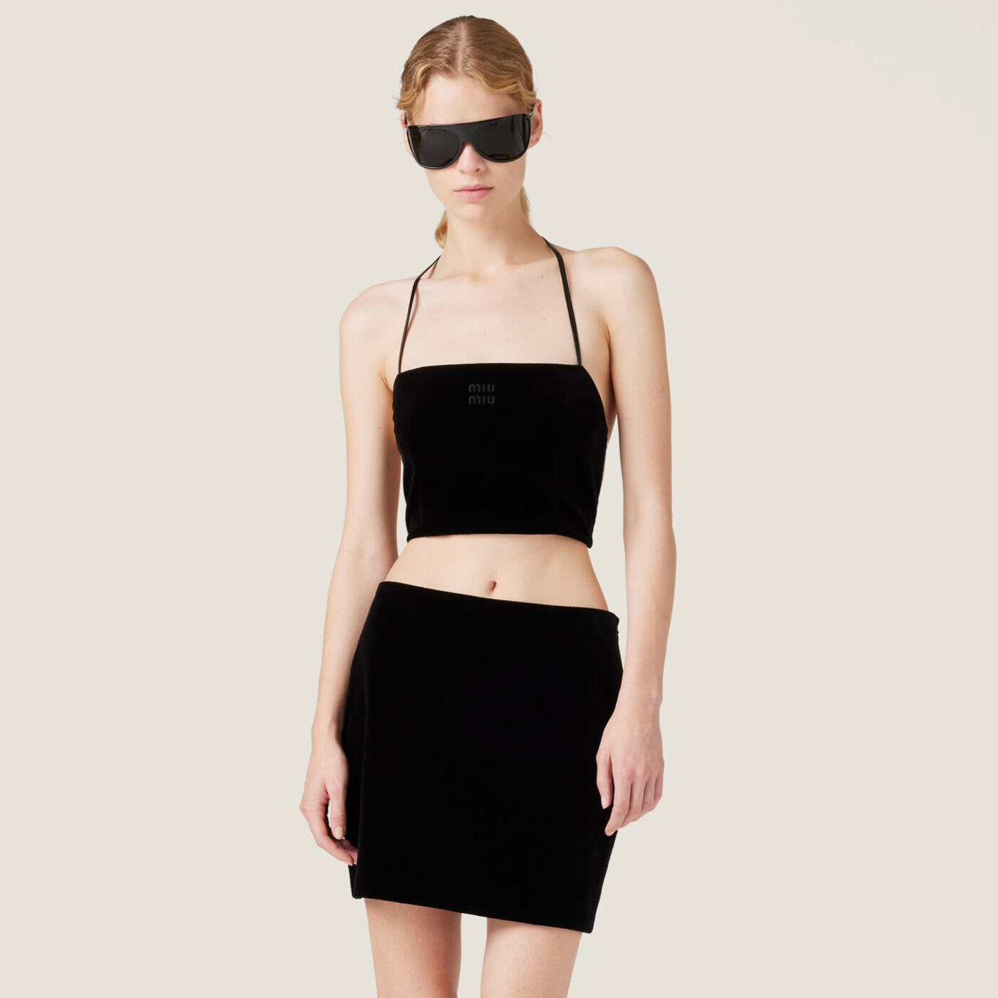 NIGO MiuMiu Women's Summer Solid Color Logo Embroidery Letter Hanging Neck Camisole Top Side Zipper Casual Short Skirt Set Suit #nigo75177