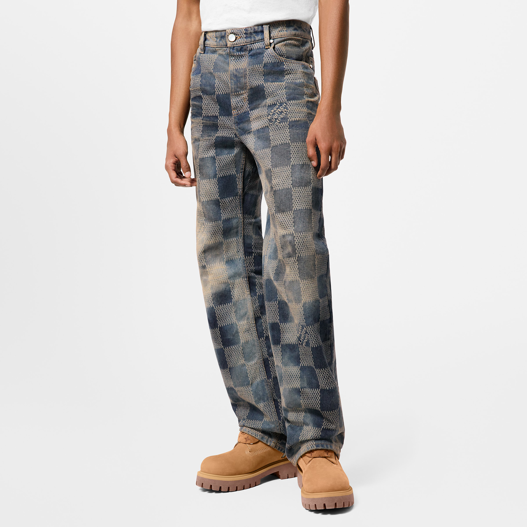 NIGO Louis Vuitton Men's Damier Washed Skateboarding Jeans Spring And Autumn Checkerboard Check Vintage Old Denim Trousers Straight Wide-leg Pants #nigo71847
