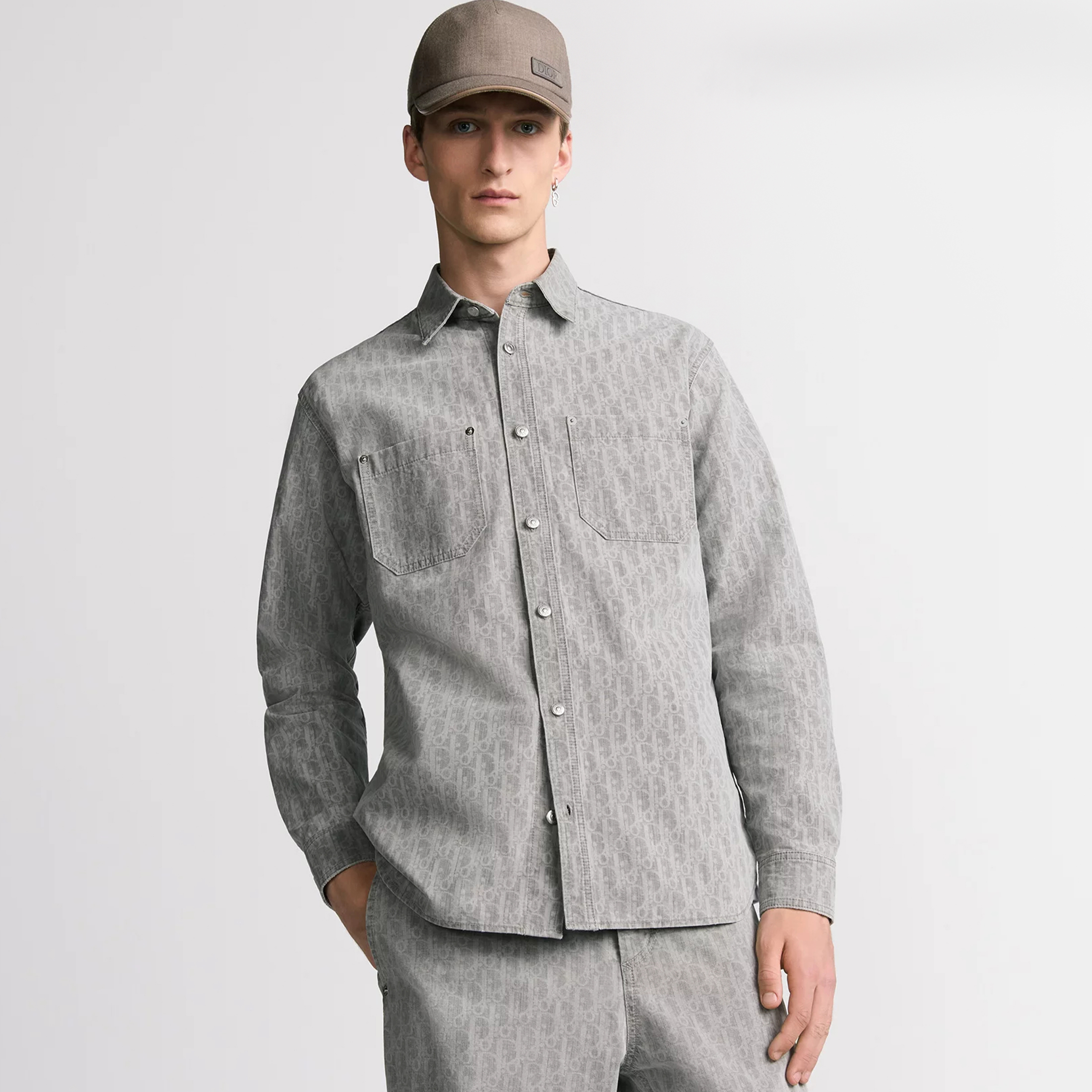 NIGO DIOR Men's Grey Cotton Denim Oblique Printed Shirt Blouse Spring Autumn Lapel Single Breasted Fashion Casual Jacket Shirt #nigo71845