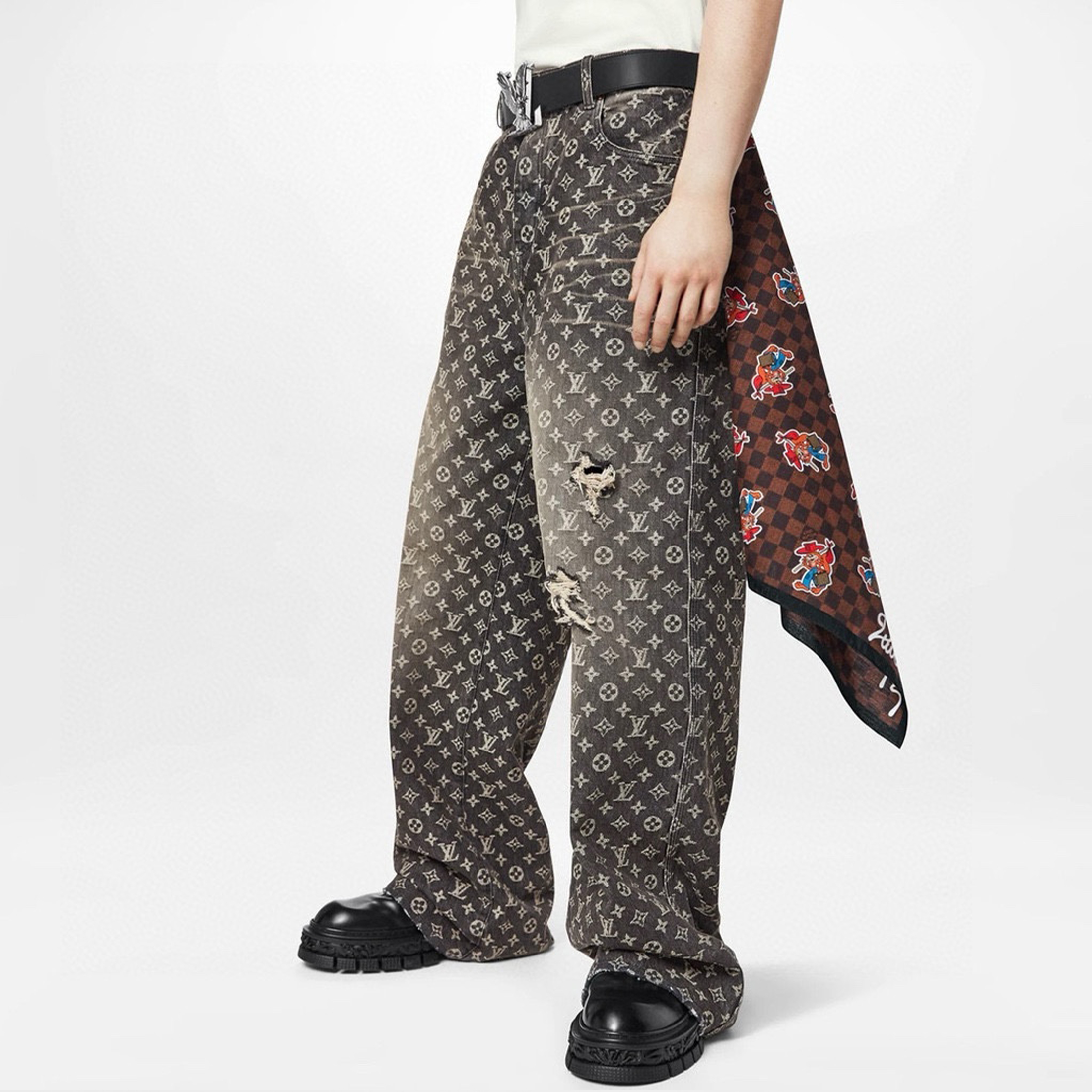NIGO Louis Vuitton Men's Retro Washed And Embroidered Monogram Pattern Loose Jeans Spring And Autumn Fashion High Street Straight Wide Leg TrousersCasual Pants #nigo71848