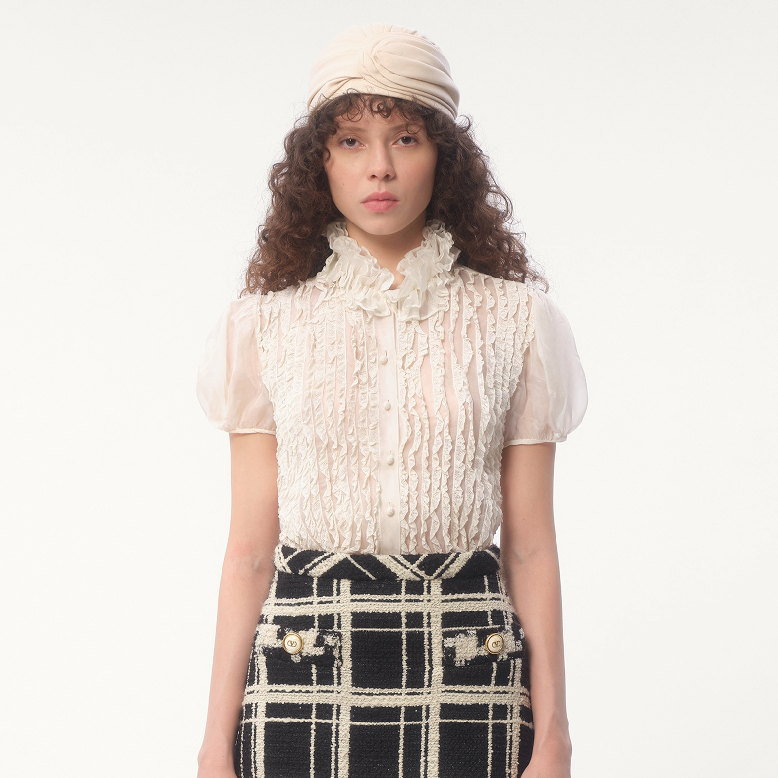 NIGO Valentino Women's Summer Silk Ruffle Vintage Bubble Sleeve Solid Color Chiffon Shirt Ngvp #nigo9911