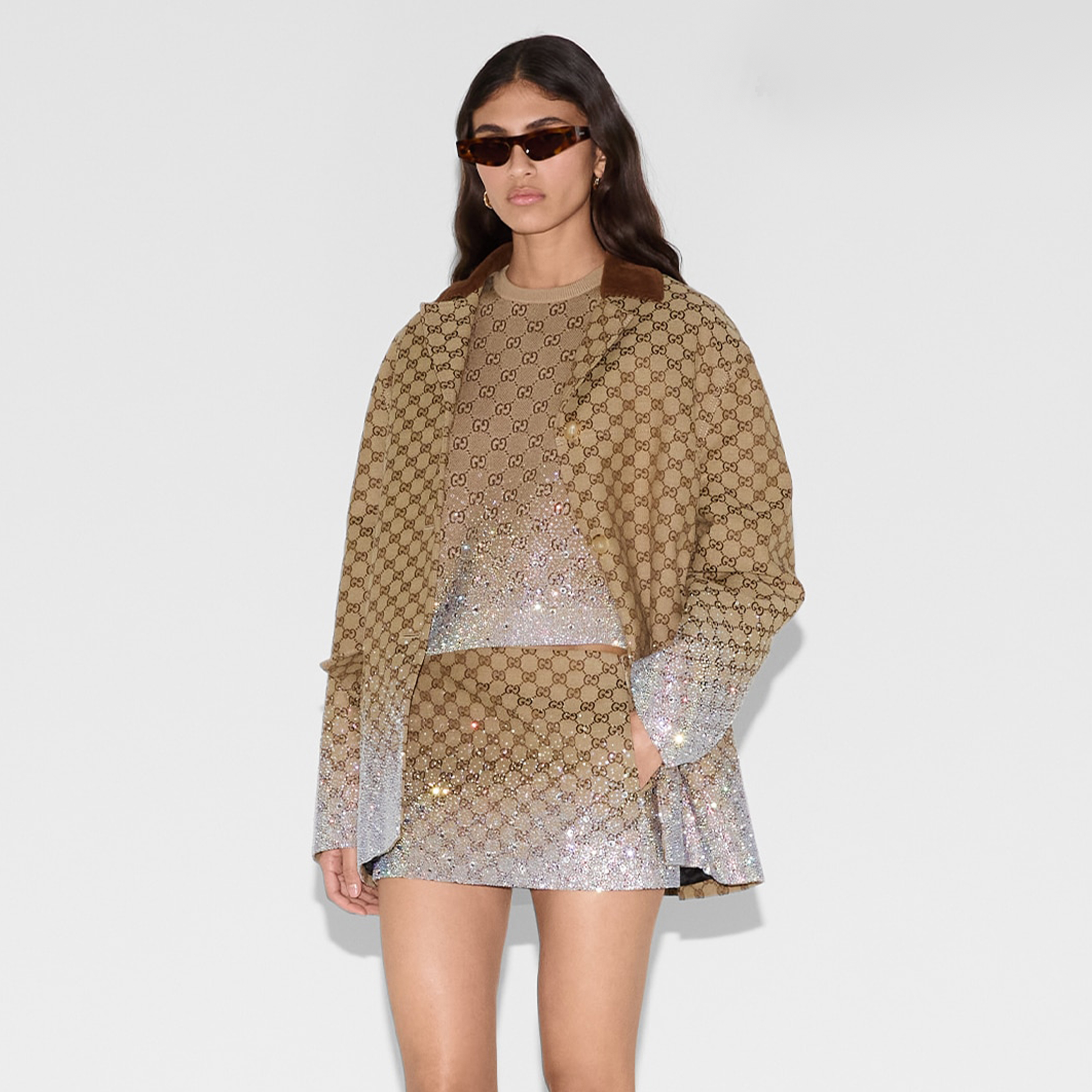 NIGO Gucci Ladies Spring And Summer Embroidery GG Canvas Coat Rhinestone Gradient Lapel Suit Jacket Temperament Fashion Thin Package Hip Short Skirt Suit Set #nigo71861