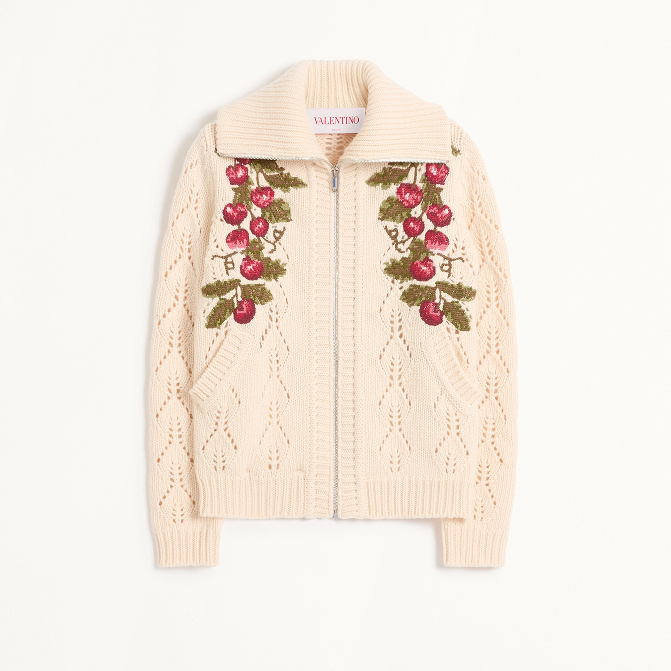 NIGO Valentino Women's Spring Cherry Embroidery Wool Knitted Jacket Skeleton Zip Knit Fashion Elegant Cute Lapel Sweater Cardigan Ngvp #nigo9914