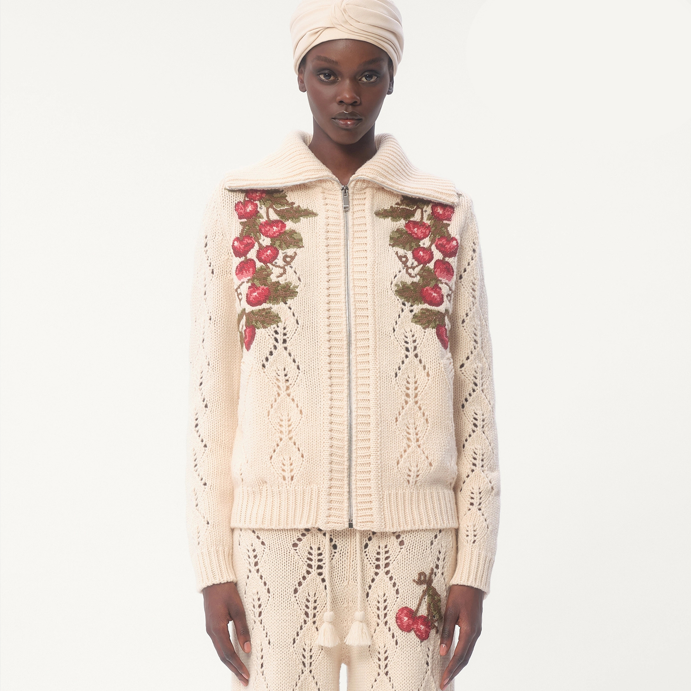 NIGO Valentino Women's Spring Cherry Embroidery Wool Knitted Jacket Skeleton Zip Knit Fashion Elegant Cute Lapel Sweater Cardigan Ngvp #nigo9914