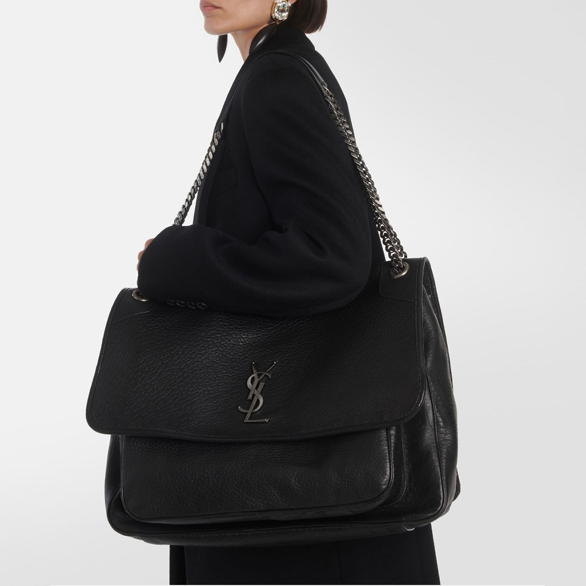 NIGO SAINT LAURENT Women's Monogram Logo Chain Grained Lambskin Niki Tote Vintage Black Oversized Bags #nigo71456