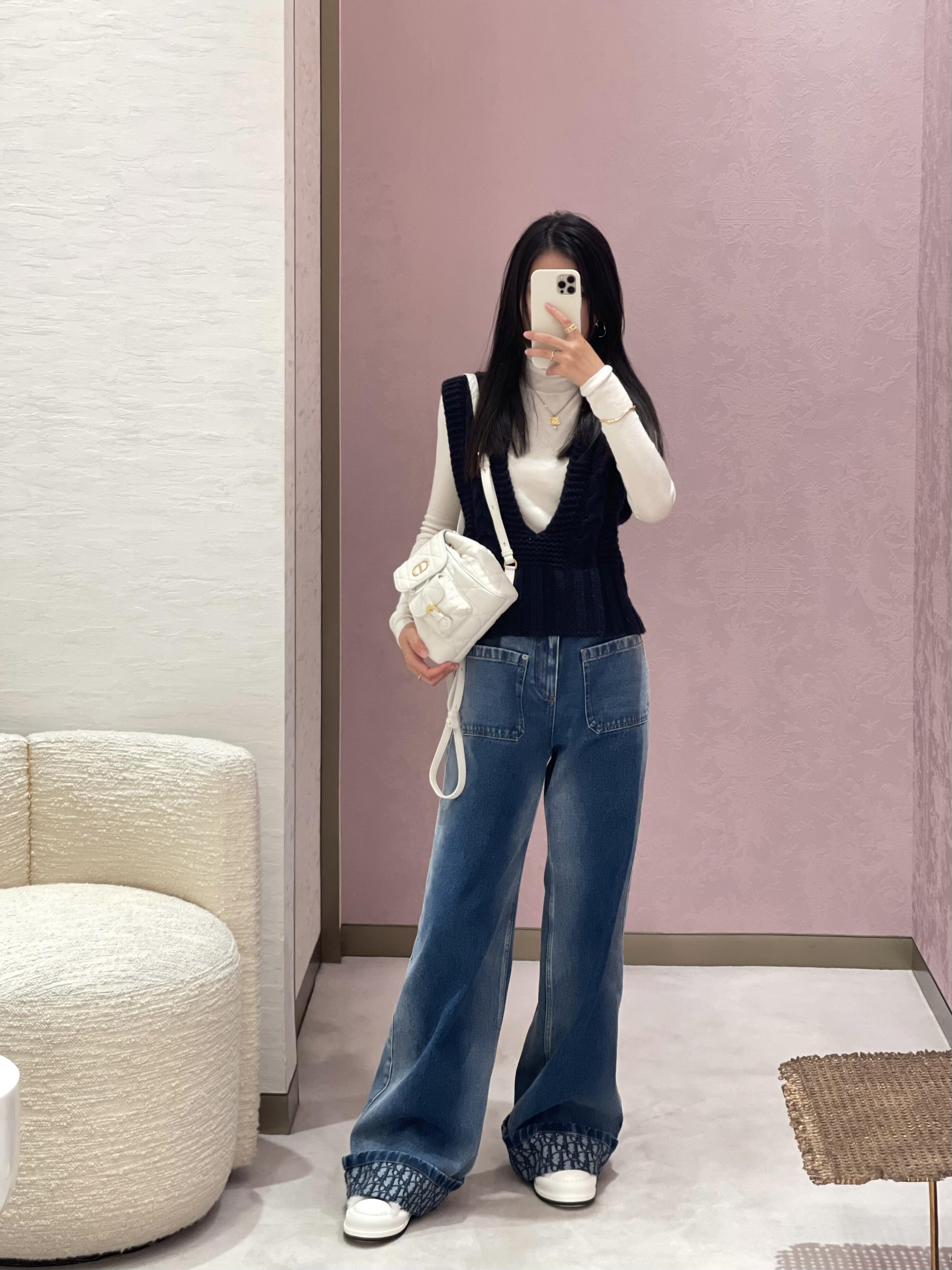 NIGO Dior Women's Four Seasons Mid Waist Zipper Solid Color Cotton Loose Washed Rolled Flare Jeans Denim Pants #nigo71884