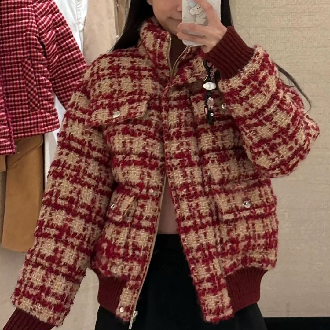 NIGO Chanel Women's Autumn And Winter Standing Collar Colorblocking Plaid Wool Vintage Puffer Down Jacket #nigo71913