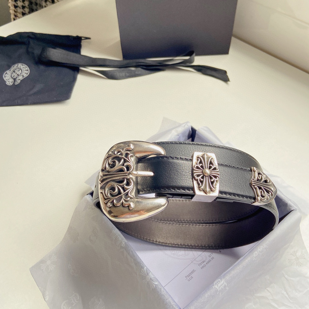 NIGO Chrome Hearts Men's Logo Leather Belt Pure Copper Thick Gold Plated 3cm Wide Belt Jewelry Accessories #nigo71931