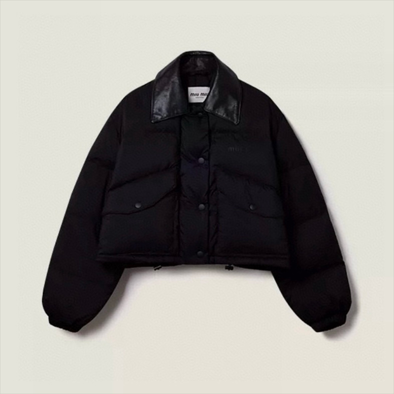 NIGO MiuMiu Women's Autumn And Winter Leather Lapel Short Style Solid Color Long Sleeved Loose Puffer Down Jacket #nigo71939