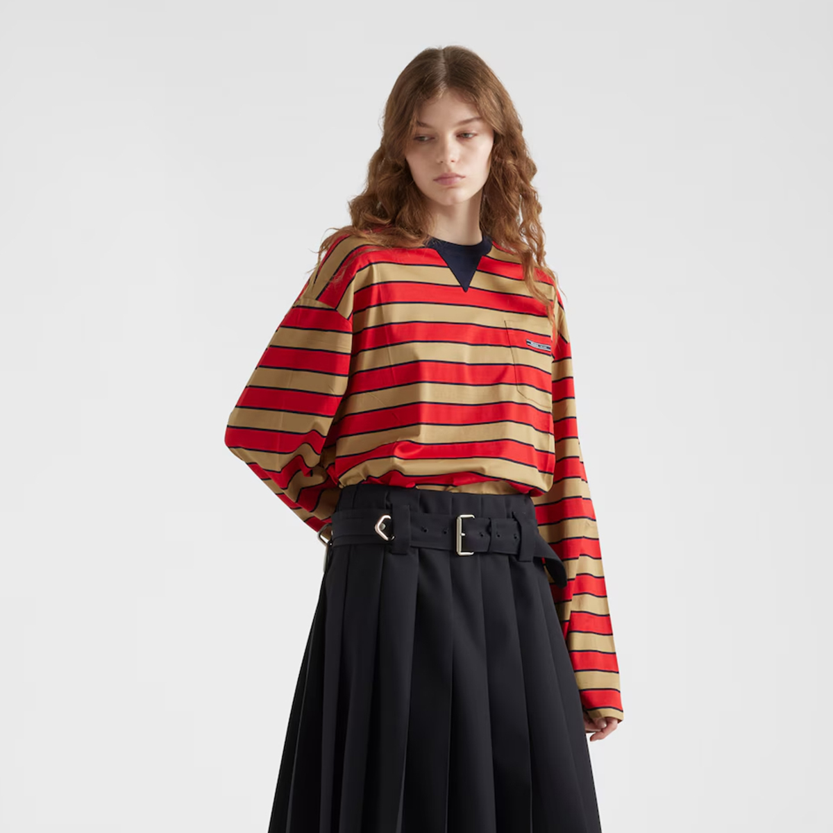 NIGO Prada Women's Spring Logo Embroidery Long Sleeve Striped Lisle Cotton Loose Solid Color T-Shirt #nigo71942