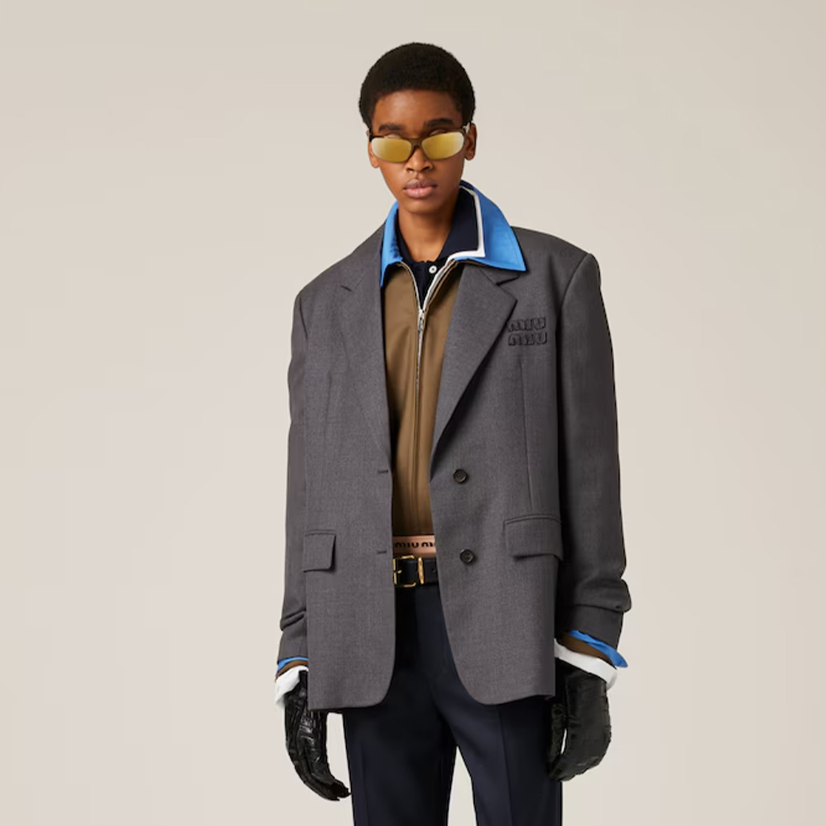 NIGO MiuMiu Women's Spring And Autumn Single-breasted Gabardine Jacket Colorblocked Lapel Wool Fitted Blazer Jacket #nigo71944