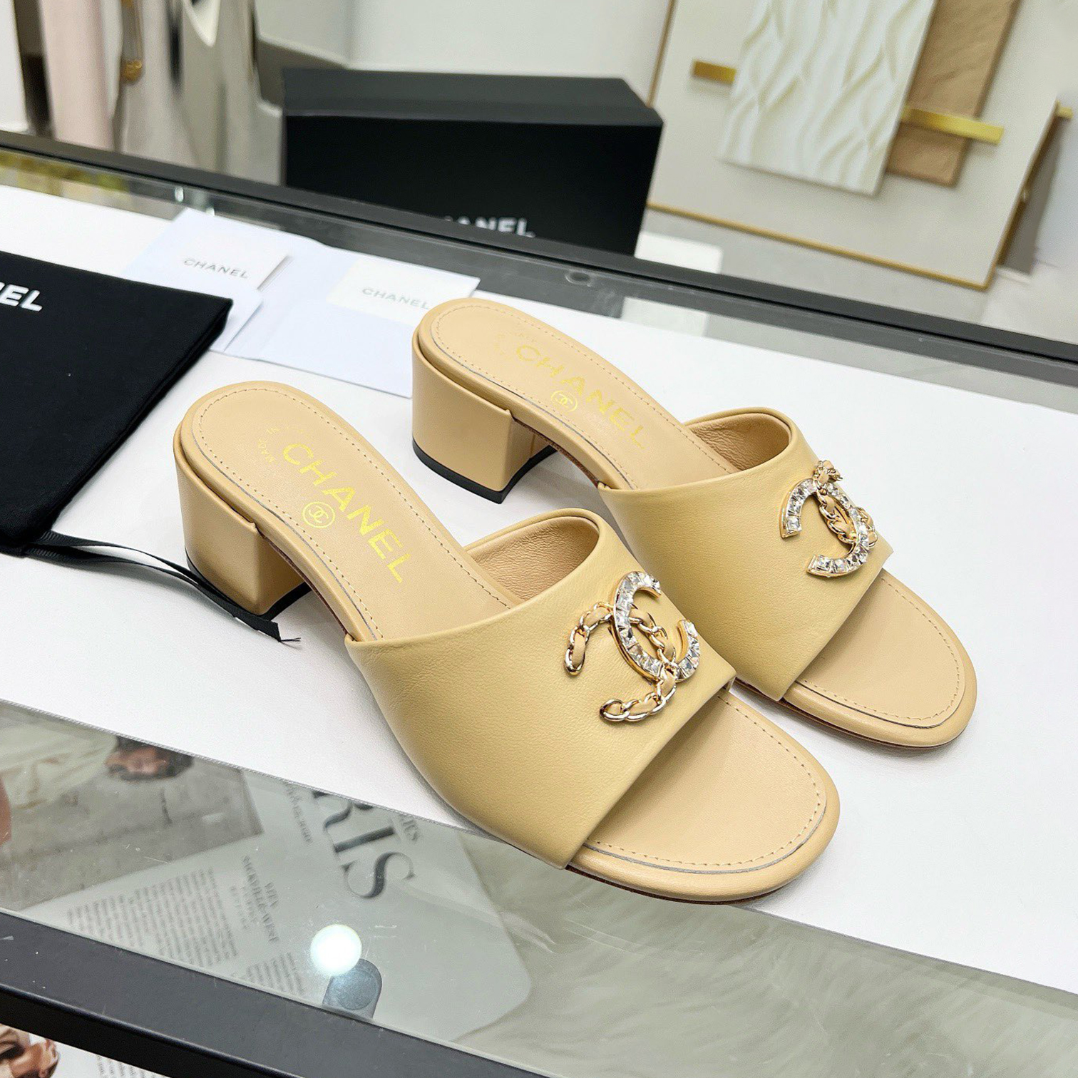 NIGO Chanel Women's Summer Solid Color Metal Logo Slippers Casual Leather Chunky Heeled Sandals Single Shoes #nigo71947