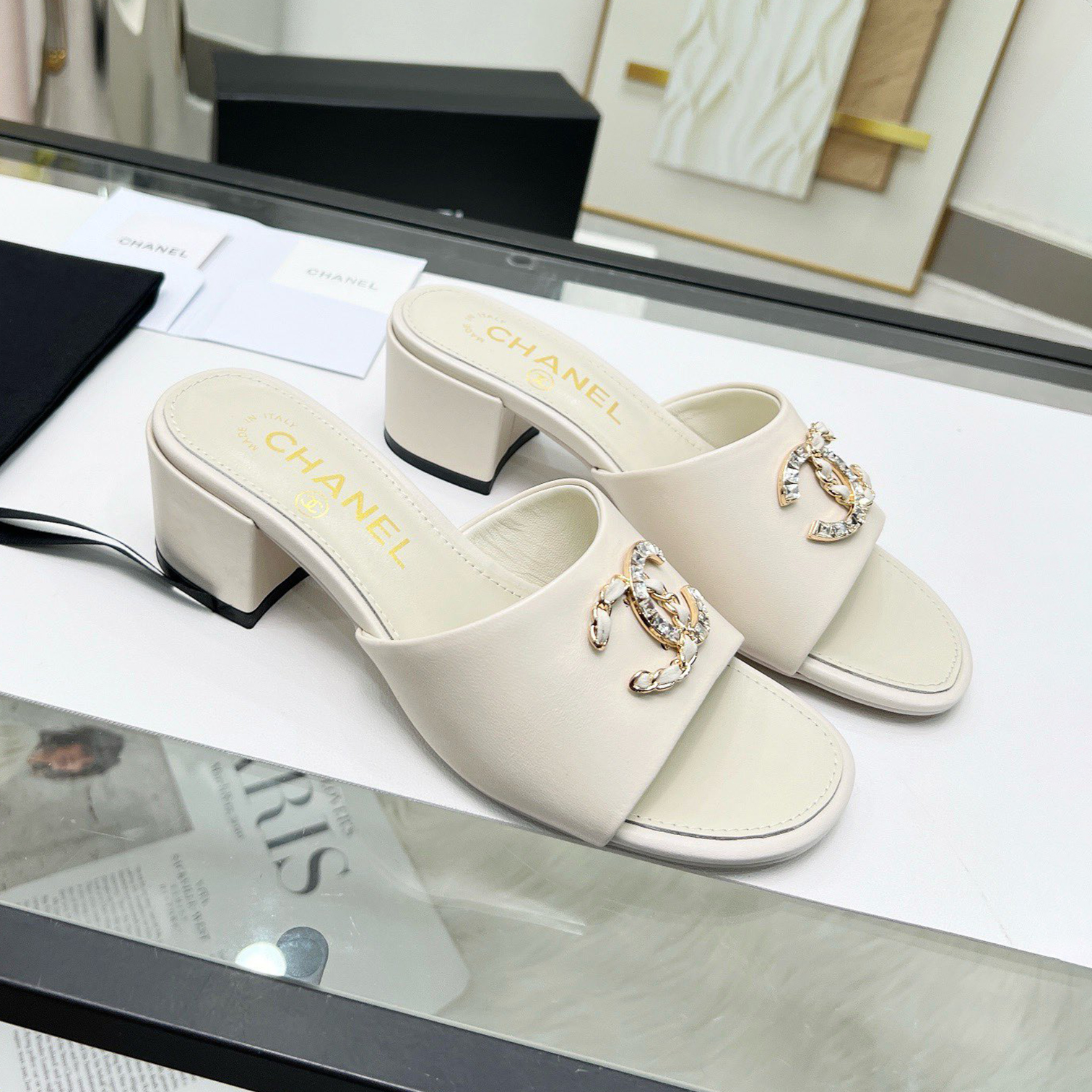 NIGO Chanel Women's Summer Solid Color Metal Logo Slippers Casual Leather Chunky Heeled Sandals Single Shoes #nigo71947