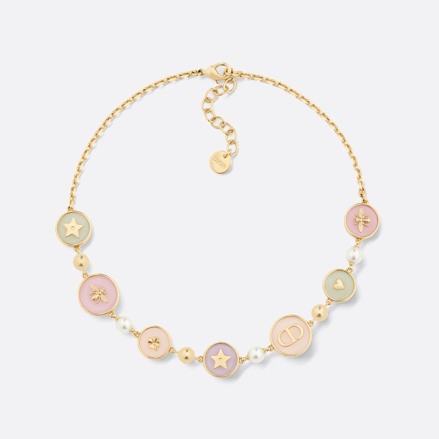 NIGO Dior D-Luck Women's Gold Multicolor Clear Resin Round Plaque Decorative Metal Bracelet Necklace Jewelry #nigo75212