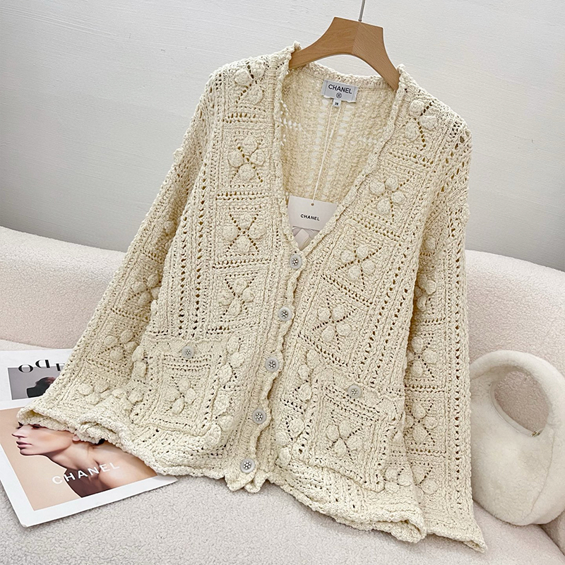 NIGO Chanel Women's Spring And Autumn Solid Color Hollow V Collar Floral Knitted Cotton Cardigan Ngvp #nigo9935