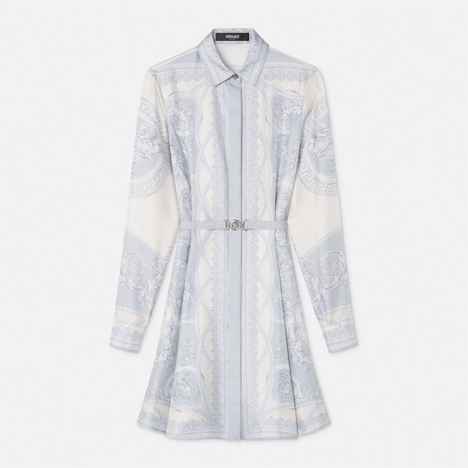 NIGO Versace Women's Summer Flip Ancient Greek Floral Pattern Long Sleeve Tunic Silk Dress #nigo75227