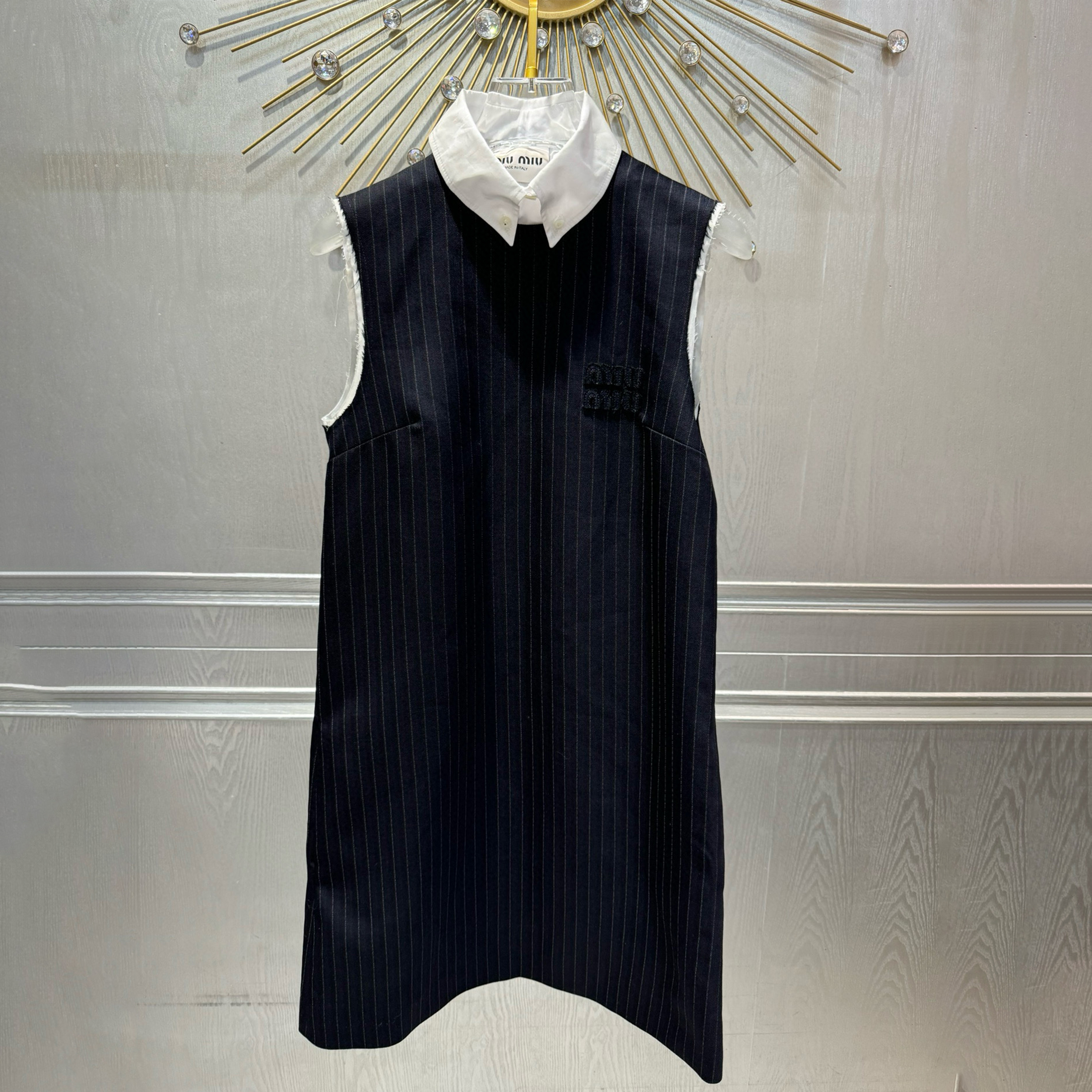 NIGO MiuMiu Women's Spring/summer Pinstripe Mini Dress Comfortable Fashion Lapel Sleeveless Straight Dresses #nigo71963