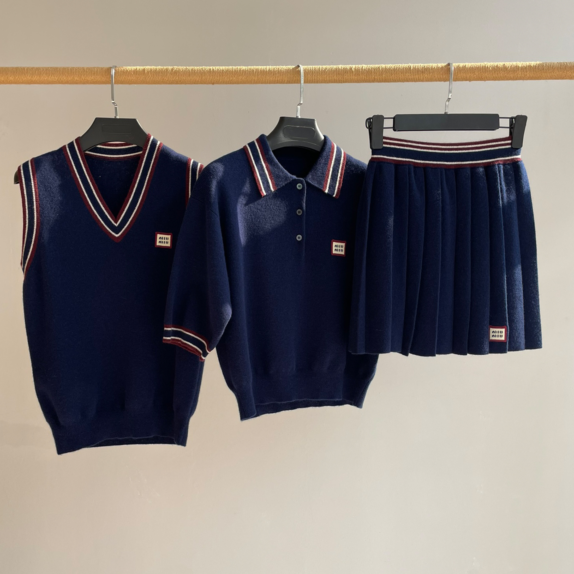 NIGO MiuMiu Holiday Collection Club Label Patch Casual Striped Blue Suit Three Piece Knit Polo Shirt College Style Vest Pleated Short Skirt Set Suit #nigo71958