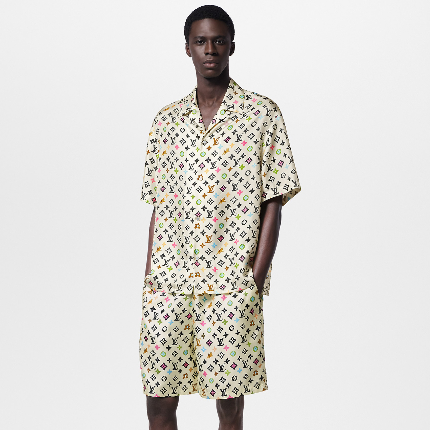 NIGO Louis Vuitton Men's Summer Logo Full Print Single Breasted Short Sleeve Shirt Elasticated Waist Shorts Suit Set #nigo75224