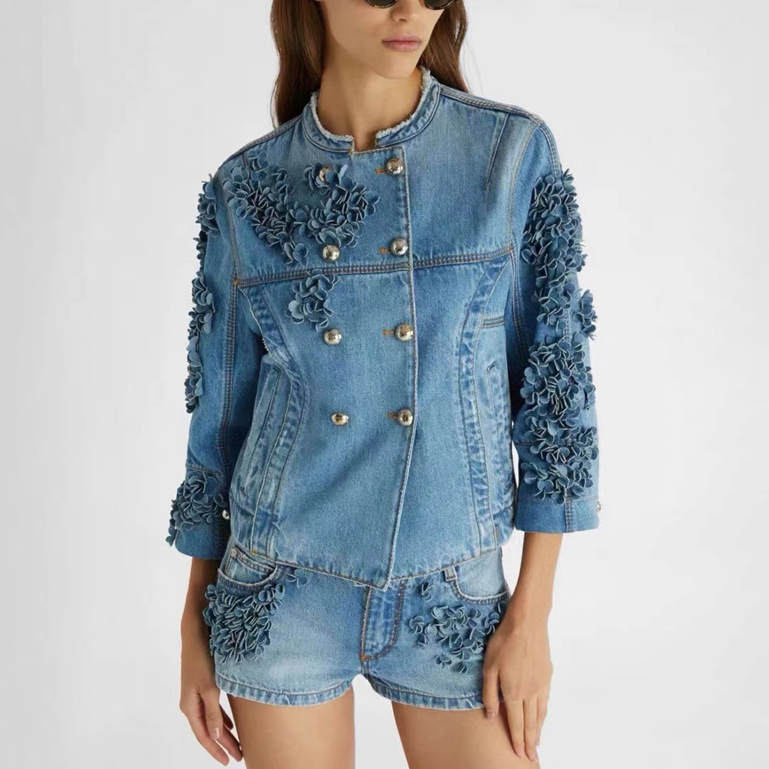 NIGO Ermanno Scervino Women's Spring and Autumn Blue Round Collar Double Breasted Long Sleeve Floral Applique Denim Jacket Jeans Shorts Set Suit #nigo75229