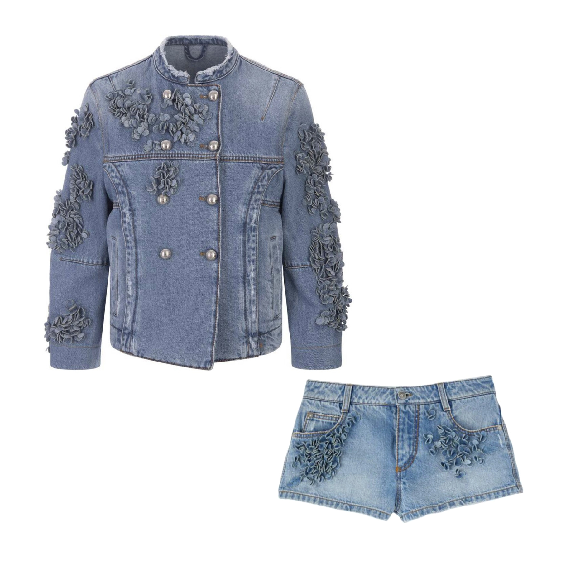 NIGO Ermanno Scervino Women's Spring and Autumn Blue Round Collar Double Breasted Long Sleeve Floral Applique Denim Jacket Jeans Shorts Set Suit #nigo75229