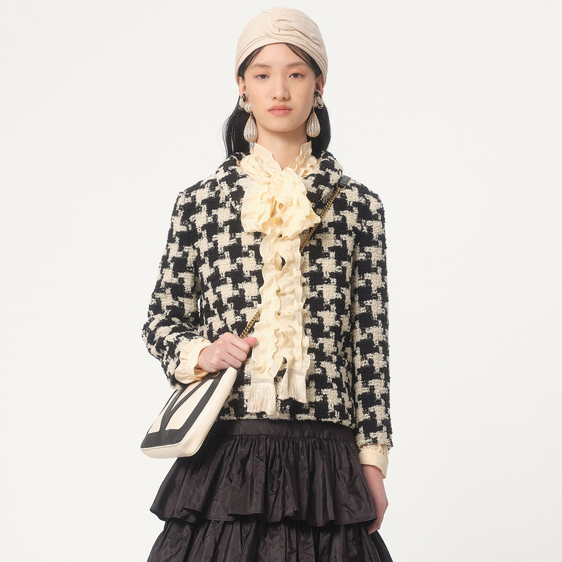 NIGO Valentino Women's Autumn and Winter Black and White Chibi Check Wool Tweed Lapel Single Breasted Long Sleeve Jacket #nigo75231