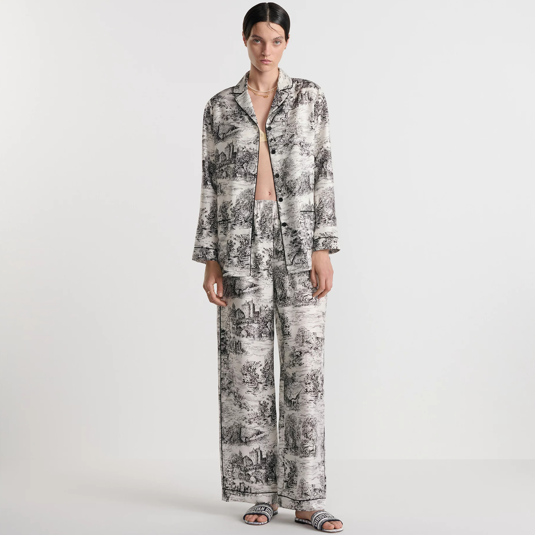 NIGO Dior Women's Reverse Garden Jungle Pattern Printed Series Set Black And White Colour Blocking Fashionable Temperament Pajamas Lapel Shirt Homewear Straight Trousers Pants Comfort Suit Set #nigo71966