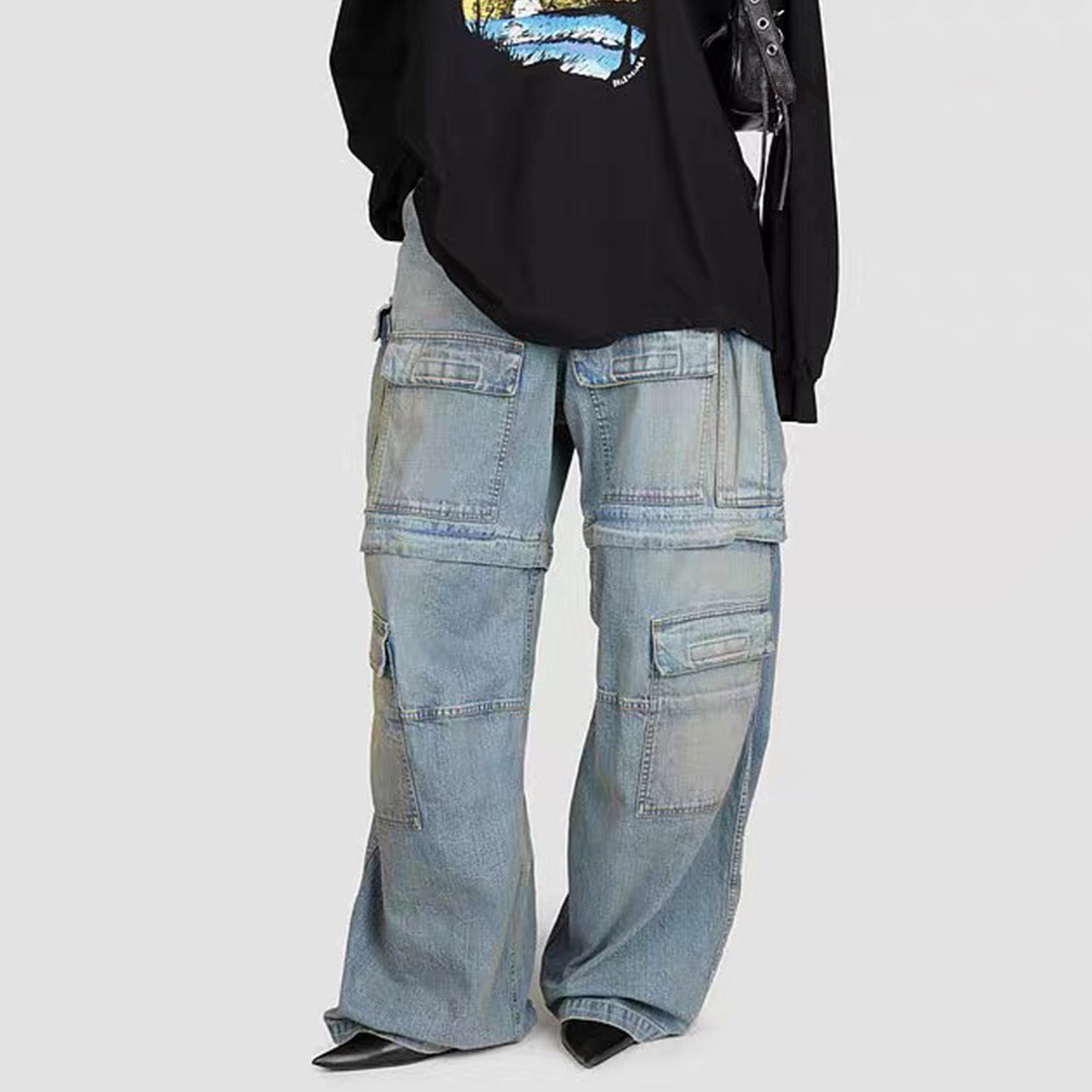 NIGO Balenciaga Men's Women's Four Seasons Removable Multi-pocket Denim Workwear Pants High Street Casual Loose Ngvp #nigo8321
