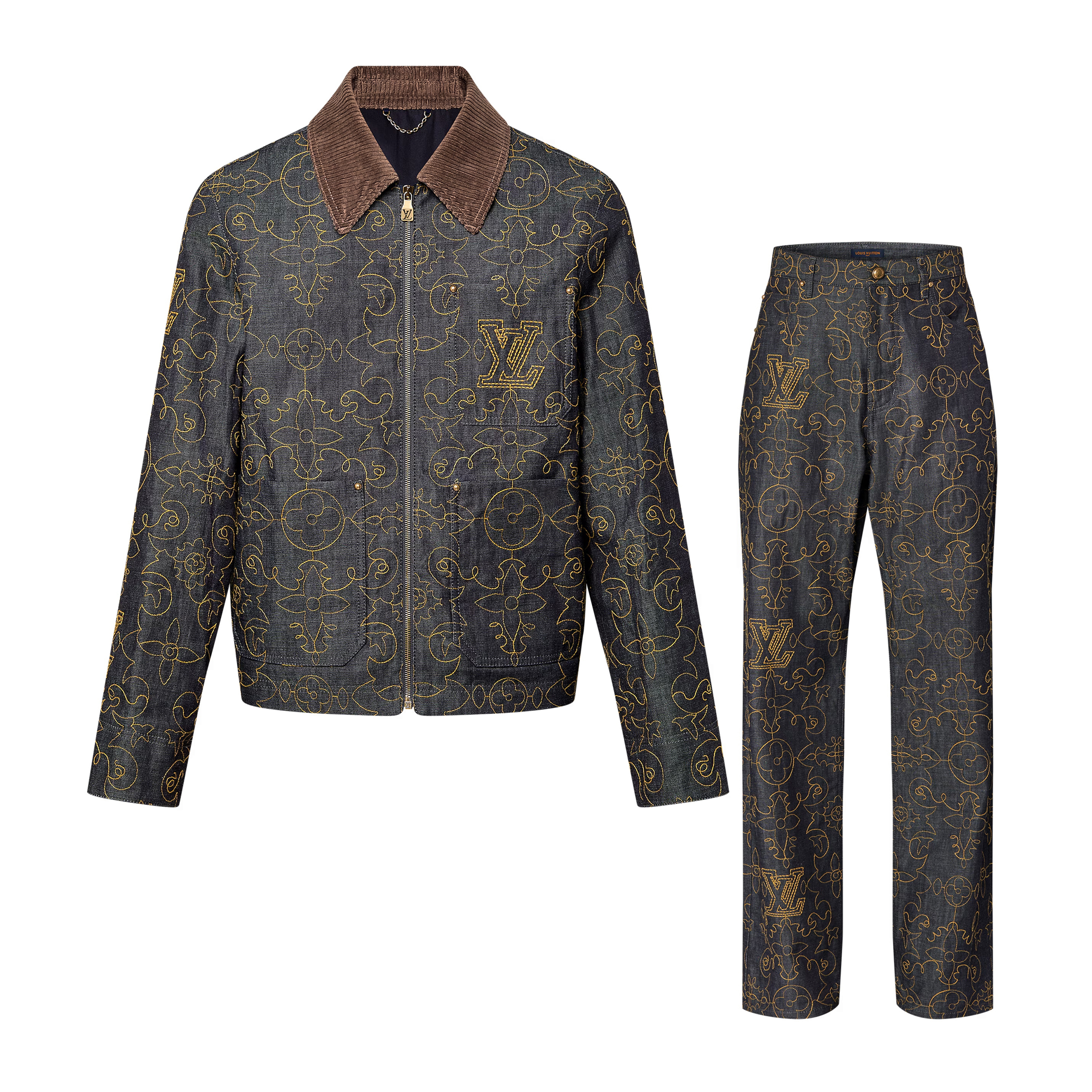 NIGO Louis Vuitton Men's Spring And Fall Logo Embroidery Zipper Lapel Long Sleeved Denim Jacket Casual Jeans Pants Suit Set #nigo75267