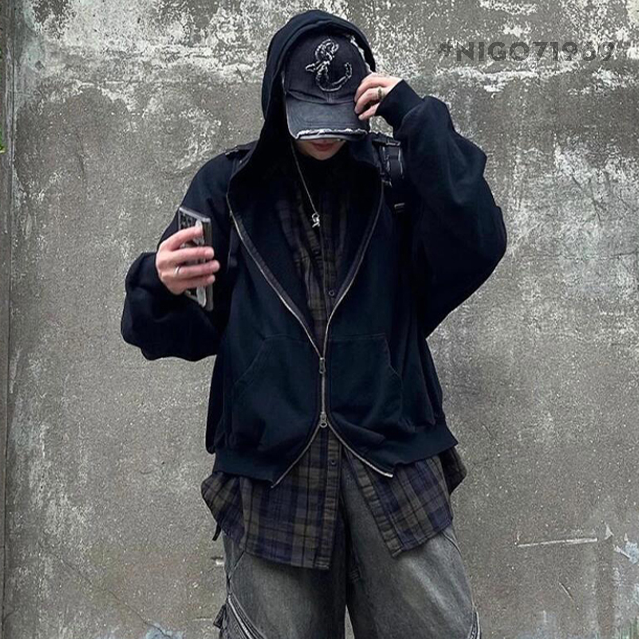 NIGO Undermycar Men's Fashion Trend Retro High Street Fake Two Piece Plaid Shirt Jacket Embroidery Zip Hooded Sweatshirt #nigo71969