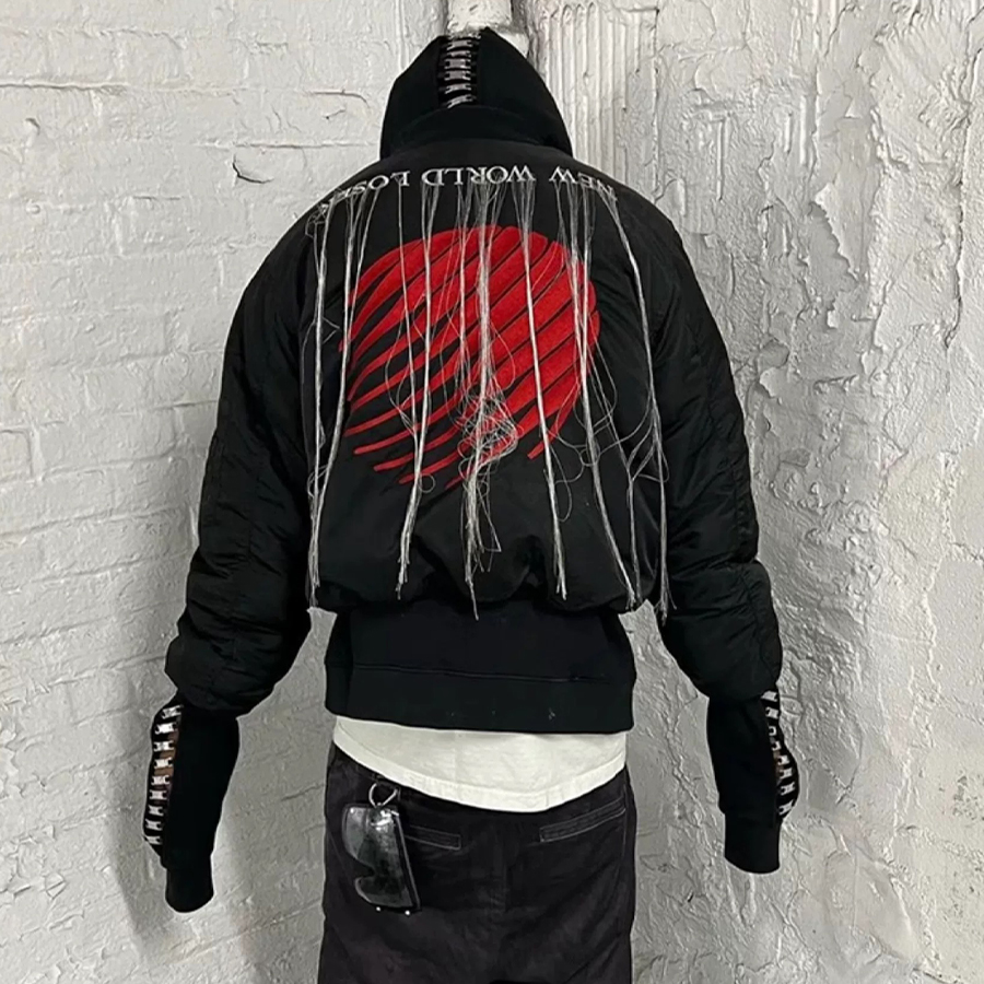 NIGO HOOD BY AIR Men's Fall/Winter Logo Embroidered Fringe Solid Color Zipper Long Sleeve Bomber Jacket Ngvp #nigo9942