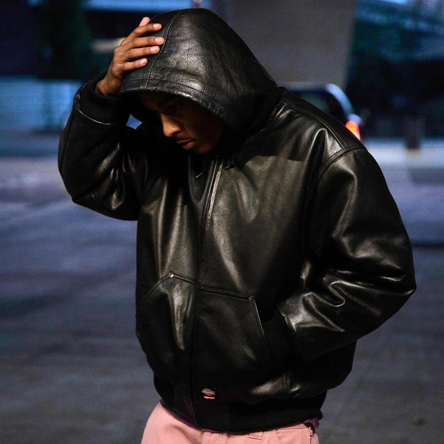 NIGO Supreme x Dickies Men's Autumn and Winter Solid Color Hooded Zipper Long Sleeve Leather Cotton Jacket #nigo75275