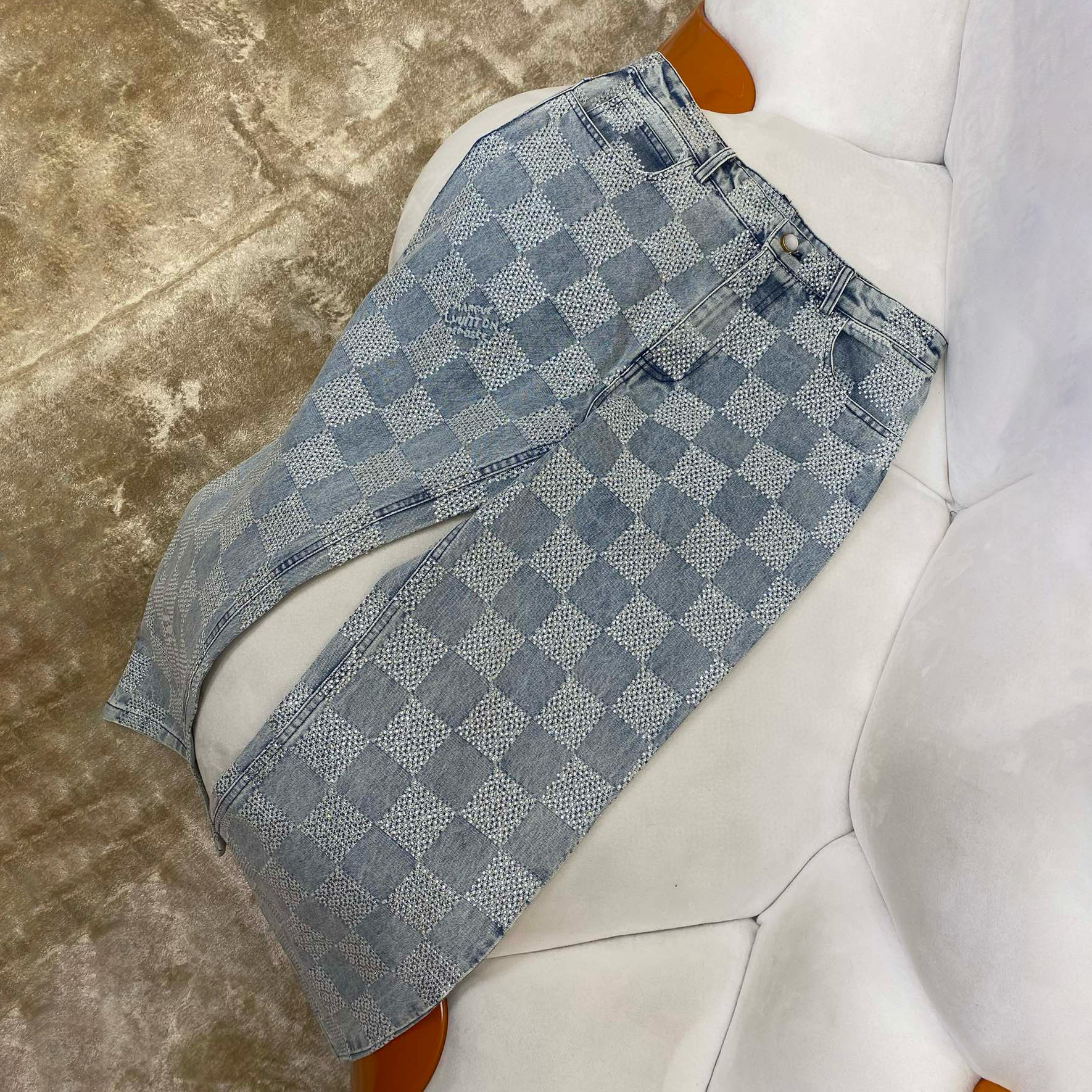 NIGO Louis Vuitton Men's Spring And Autumn Checkerboard Print Jacquard Crystal Decoration Single Breasted Long Sleeved Denim Jacket Casual Jeans Pants Suit Set #nigo75273