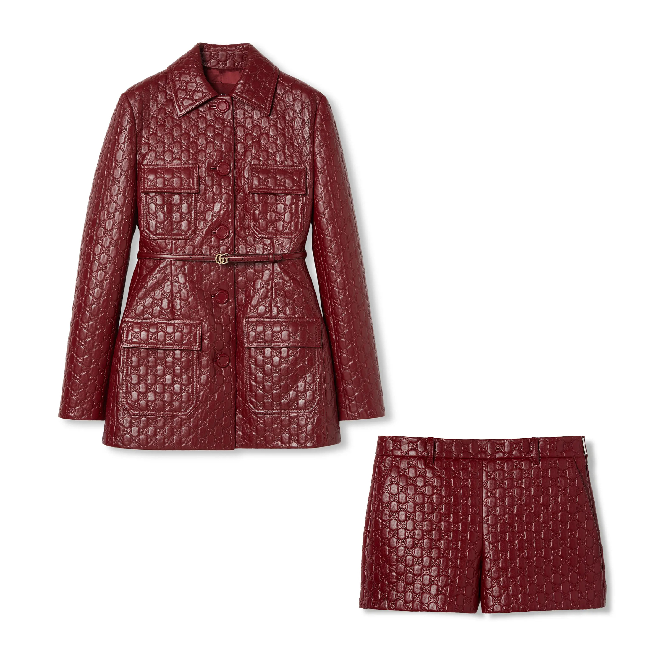 NIGO Gucci Women's Autumn and Winter Solid Color Lapel Embossed Printed Leather Mid-Length Drawstring Long Sleeve Jacket Coat Zipper Casual Shorts Set Suit #nigo75286