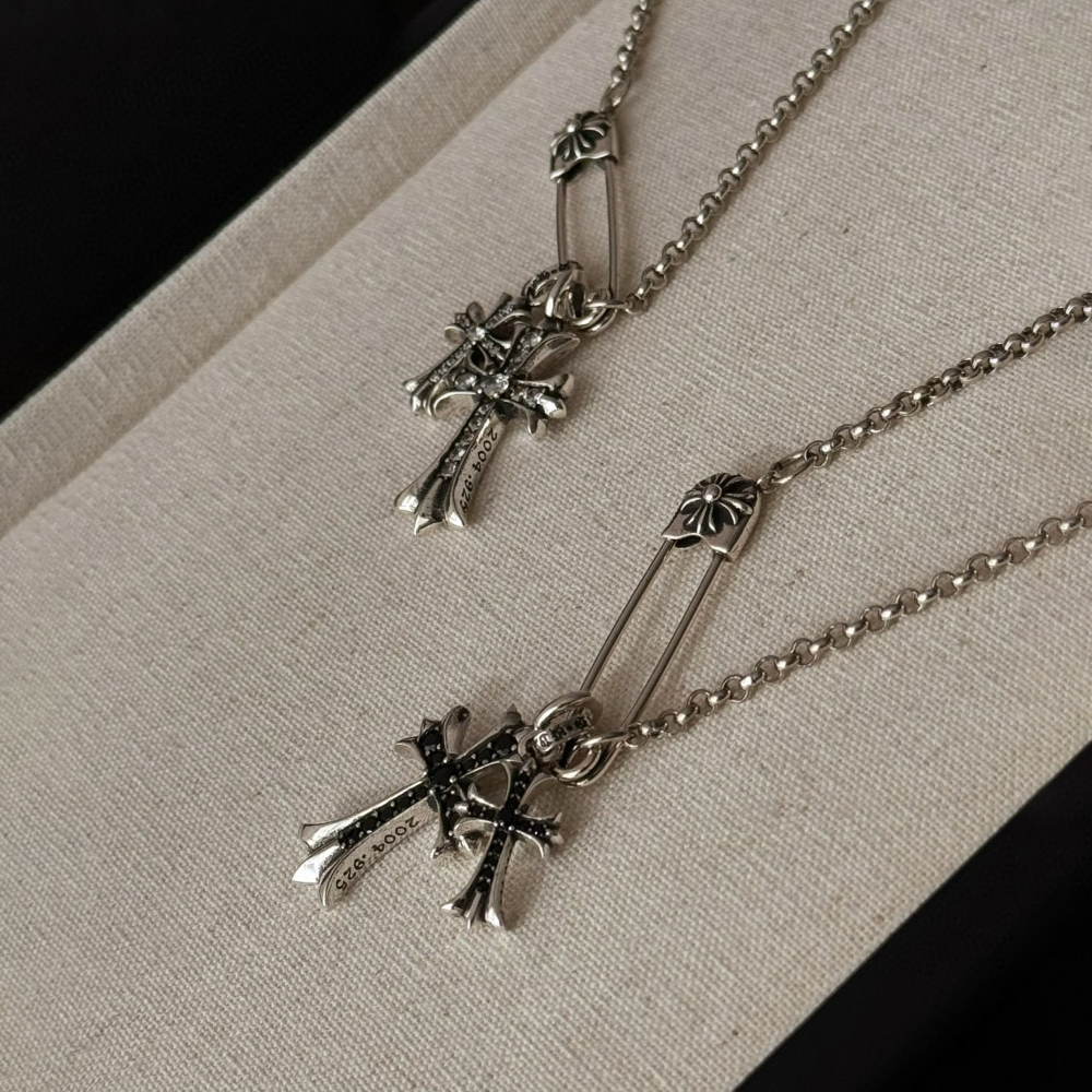 NIGO Chrome Hearts Men's and Women's Silver Cross Black and White Diamonds Necklace Jewelry #nigo75327
