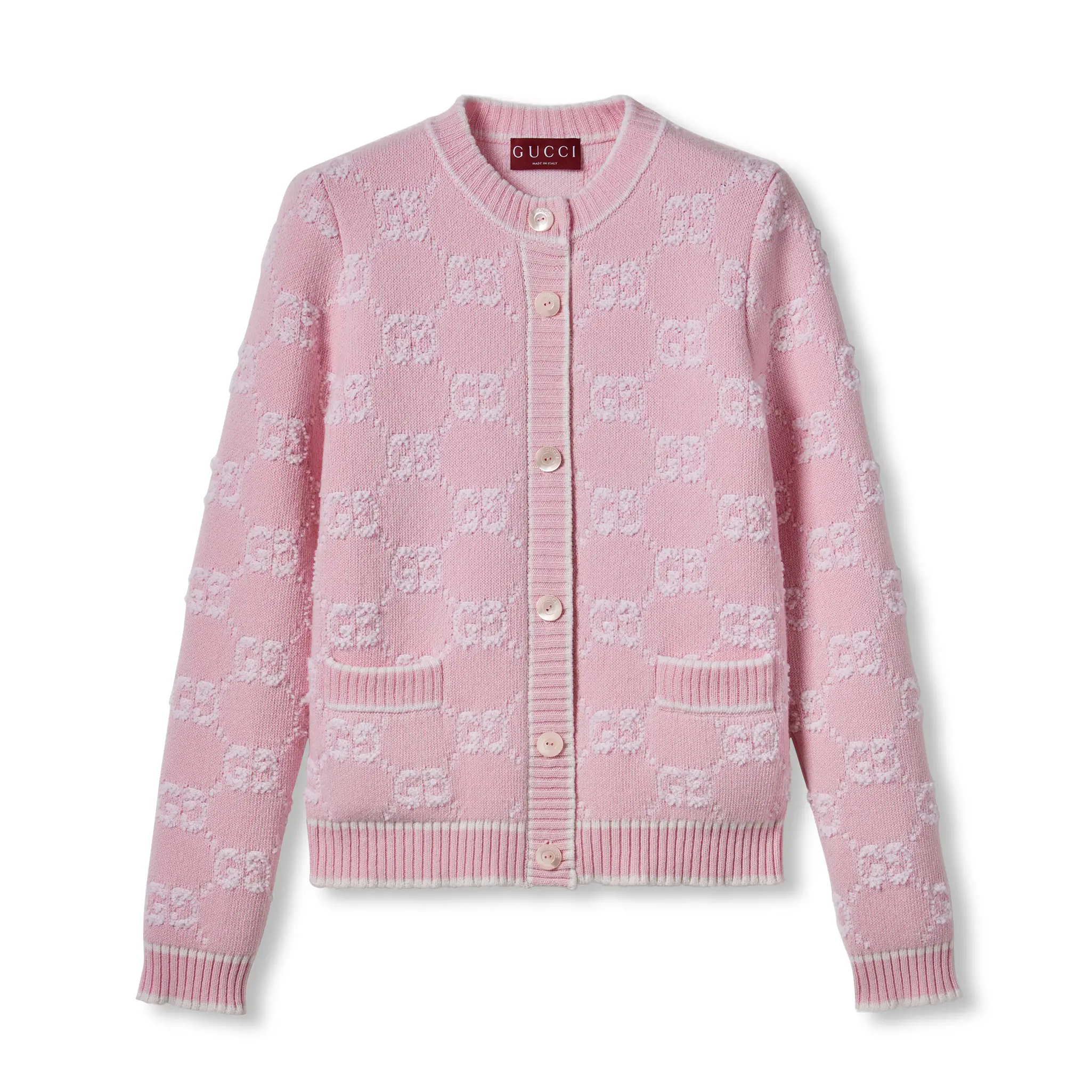 NIGO Gucci NIGO Gucci Spring Women's Pink Logo Appliqué Crew neck Single Breasted Long Sleeve Knit Jacket #nigo75324