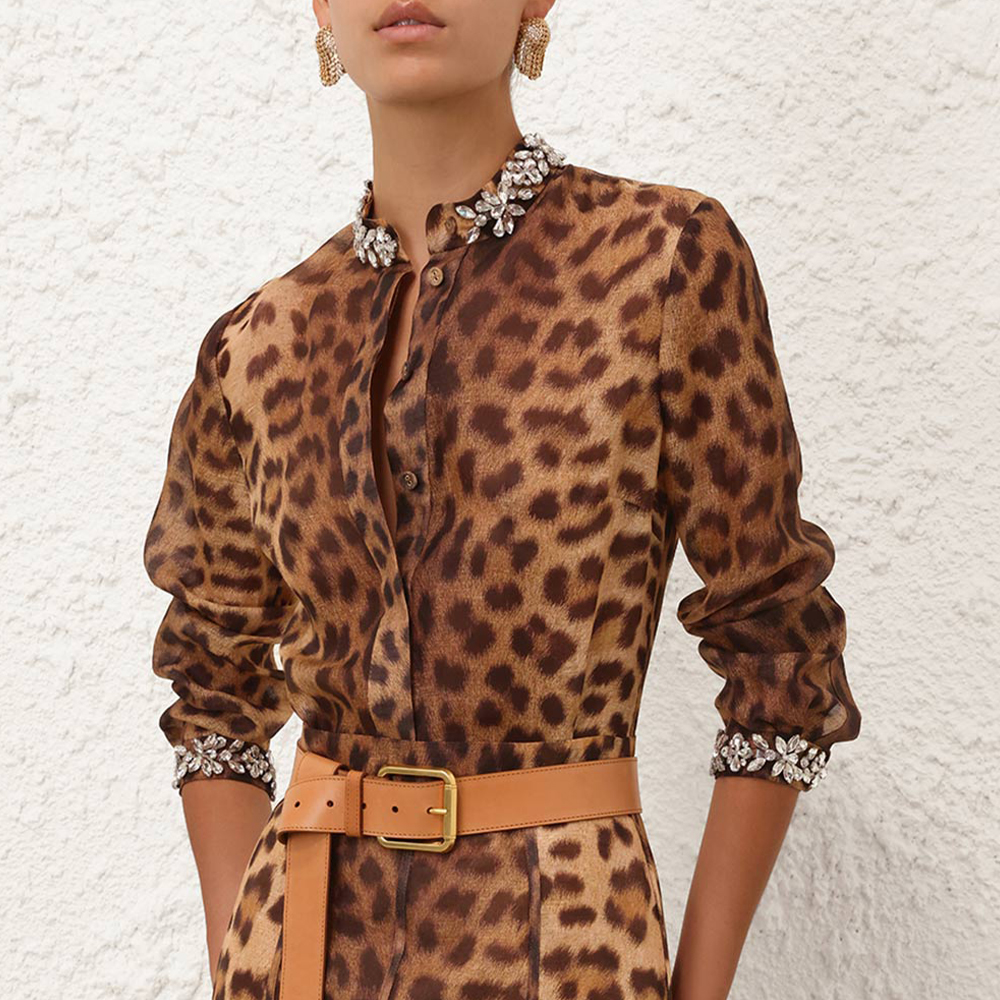 NIGO Zimmermann Women's Spring And Autumn Leopard Printed Studded Diamonds Round Collar Solid Color Linen Silk Long Sleeve Shirt Ngvp #nigo9964