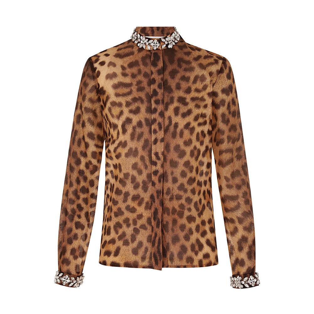 NIGO Zimmermann Women's Spring And Autumn Leopard Printed Studded Diamonds Round Collar Solid Color Linen Silk Long Sleeve Shirt Ngvp #nigo9964