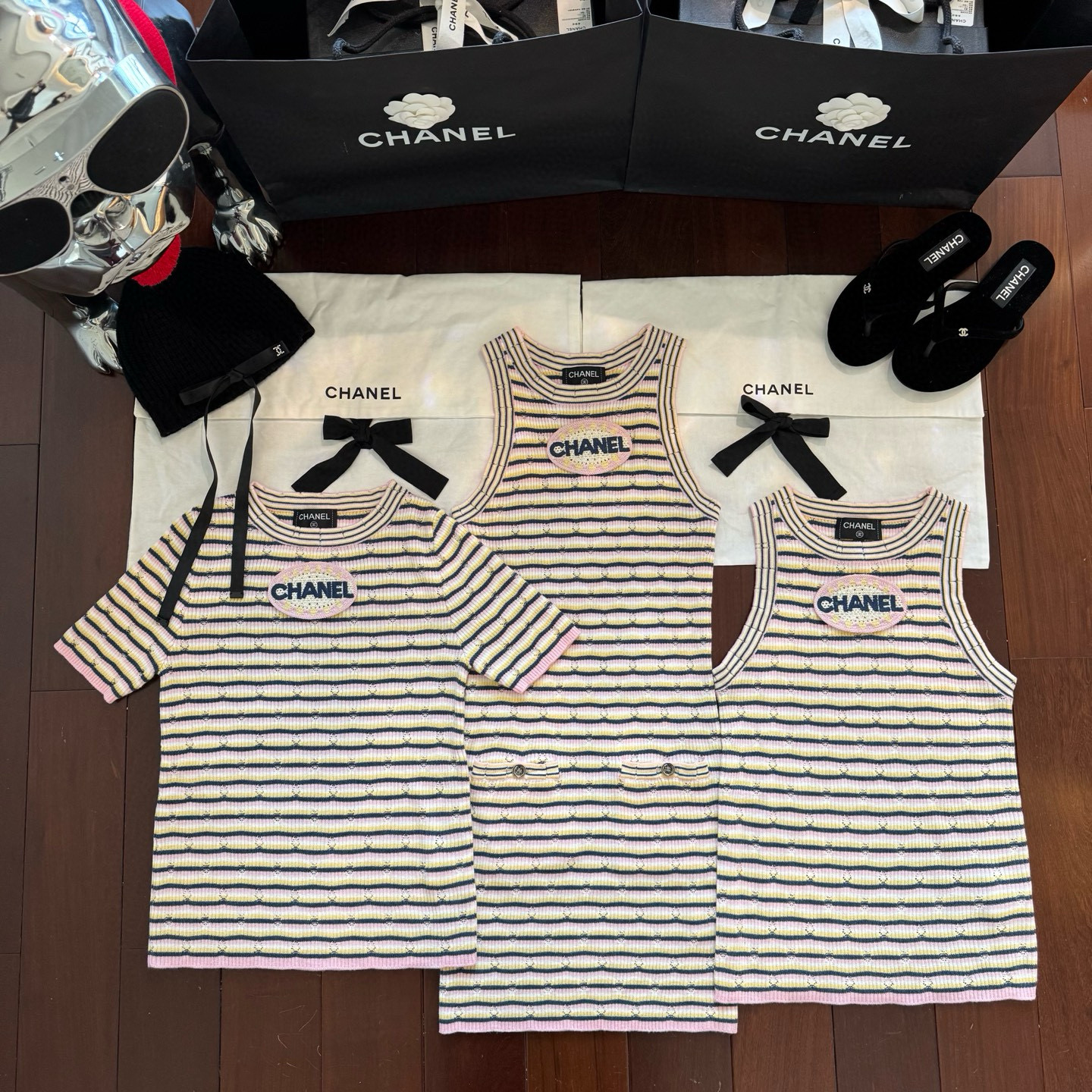 NIGO Chanel Women's Summer Striped Floor Length Letter Knit Sleeveless Undershirt Short Sleeve T-shirt Sleeveless Dress Three-piece Set Suit #nigo75334