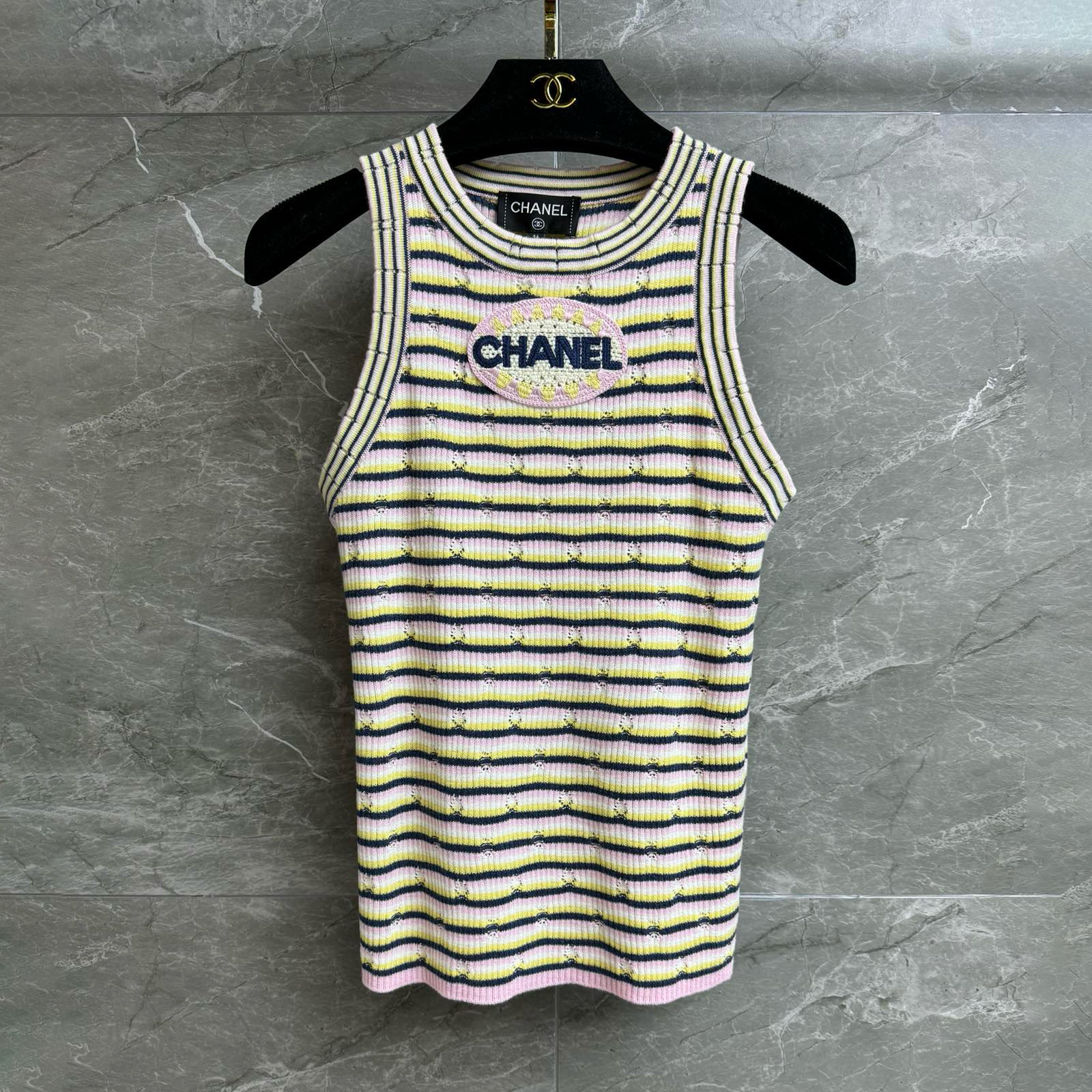 NIGO Chanel Women's Summer Striped Floor Length Letter Knit Sleeveless Undershirt Short Sleeve T-shirt Sleeveless Dress Three-piece Set Suit #nigo75334