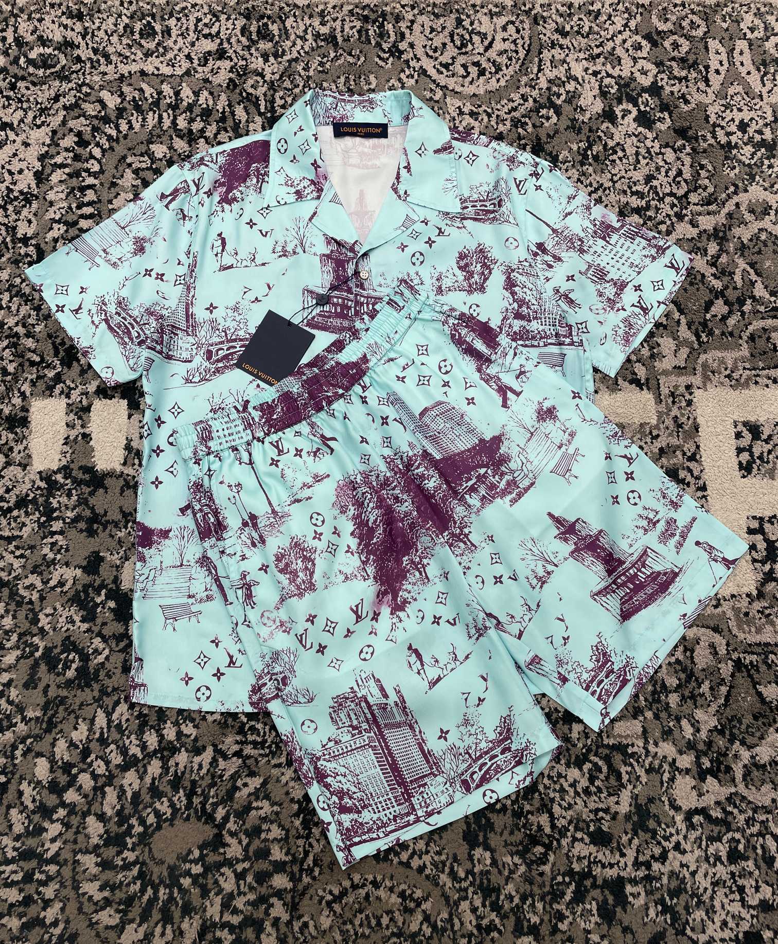 NIGO Louis Vuitton Men's Summer Logo Print Full Print Lapel Single Breasted Long Sleeve Shirt Elastic Waist Casual Shorts Set Suit #nigo75351