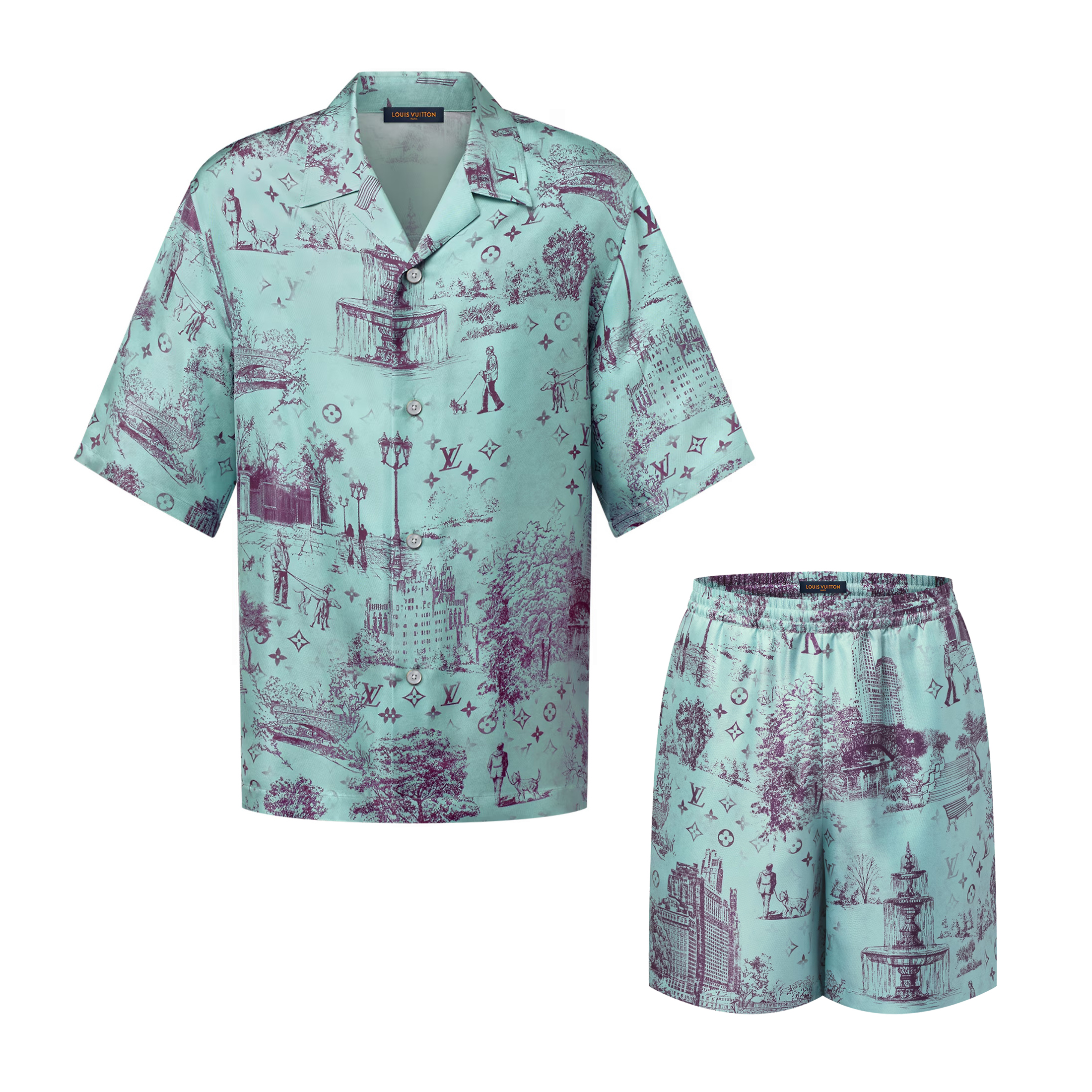 NIGO Louis Vuitton Men's Summer Logo Print Full Print Lapel Single Breasted Long Sleeve Shirt Elastic Waist Casual Shorts Set Suit #nigo75351