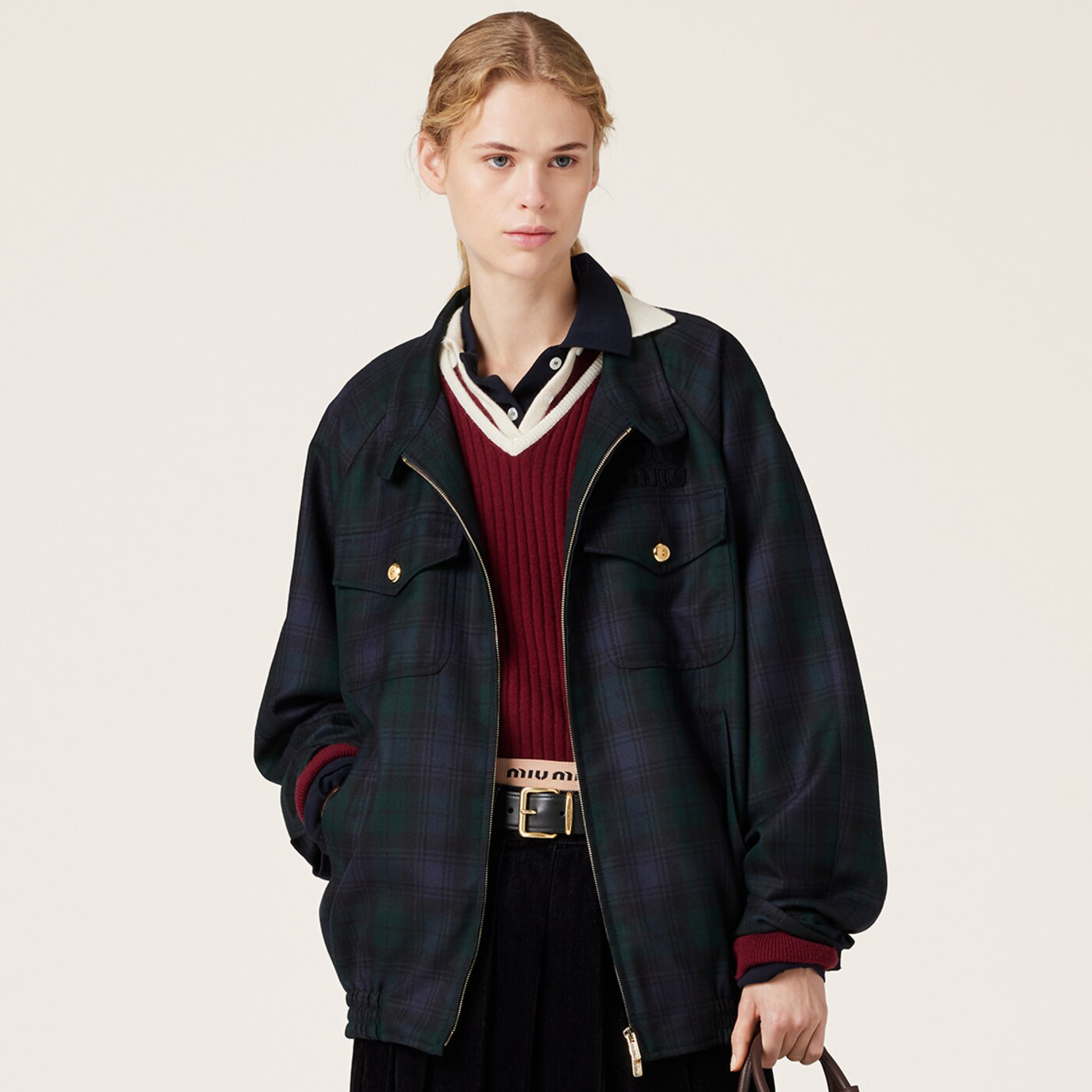 NIGO MiuMiu Women's Spring and Autumn Check Printed Standing Collar Logo Embroidery Logo Zipper Long Sleeve Jacket #nigo75343