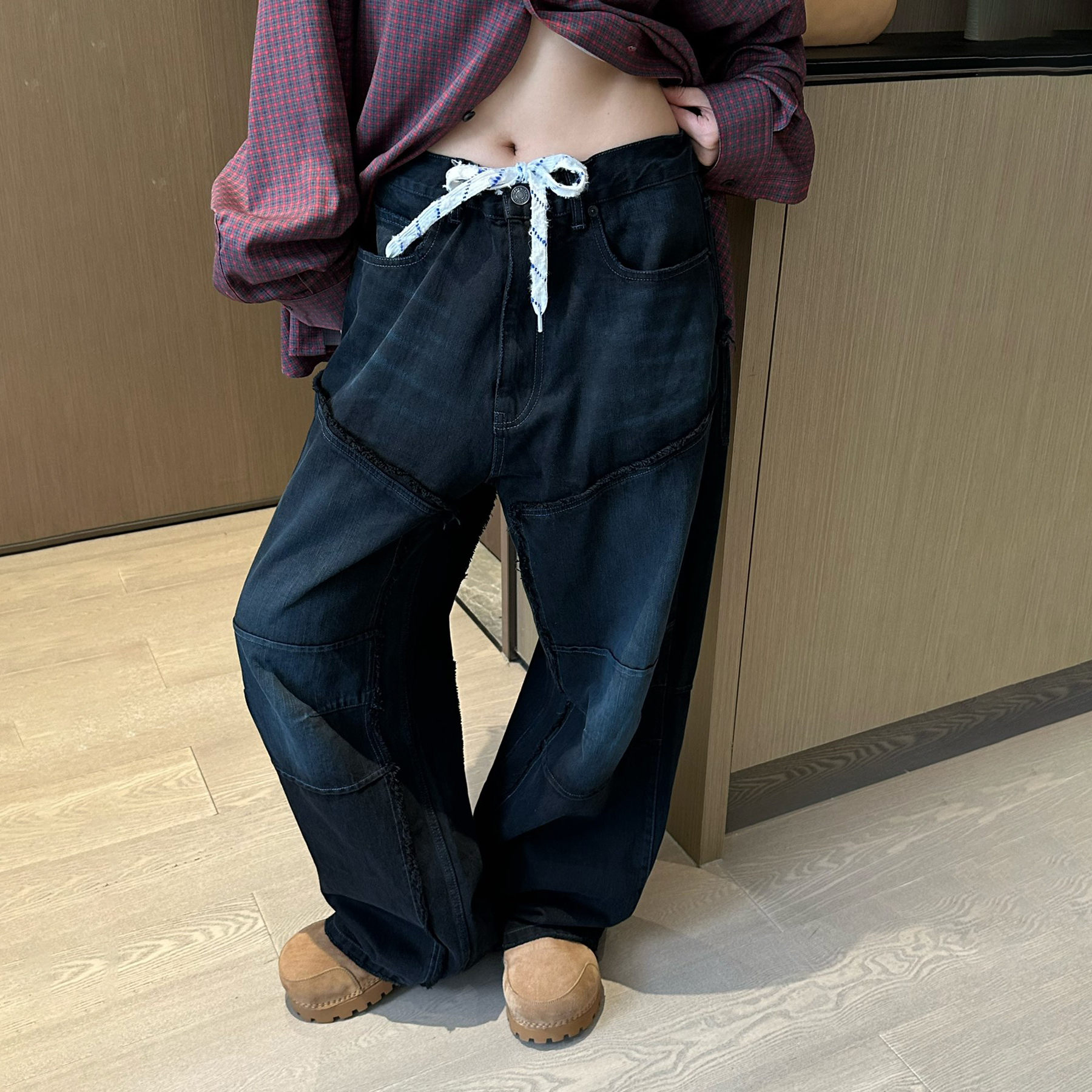 NIGO Balenciaga Men's And Women's Spring And Fall Splicing Fence Mid Waist Placket Zipper Straight Tie Jeans Pants #nigo75357