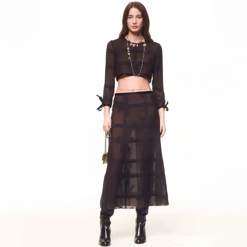 NIGO Chanel Women's Spring, Summer And Autumn Bow Jacquard Round Neck Short High-Street Silk Top T-Shirt Casual Solid Color Mid-Length Half Skirt Ngvp #nigo9995